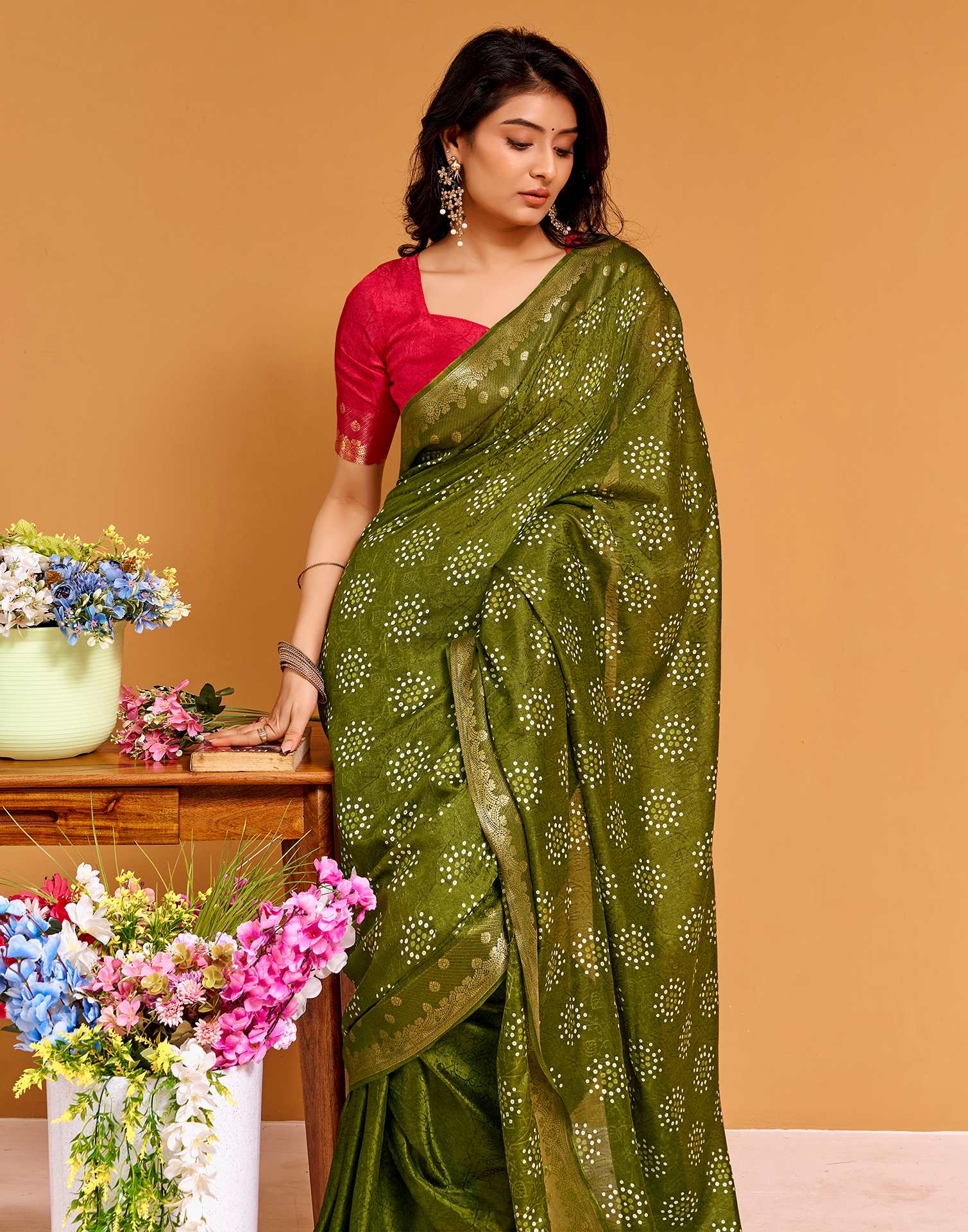 Mehandi Green Silk Woven Printed Saree