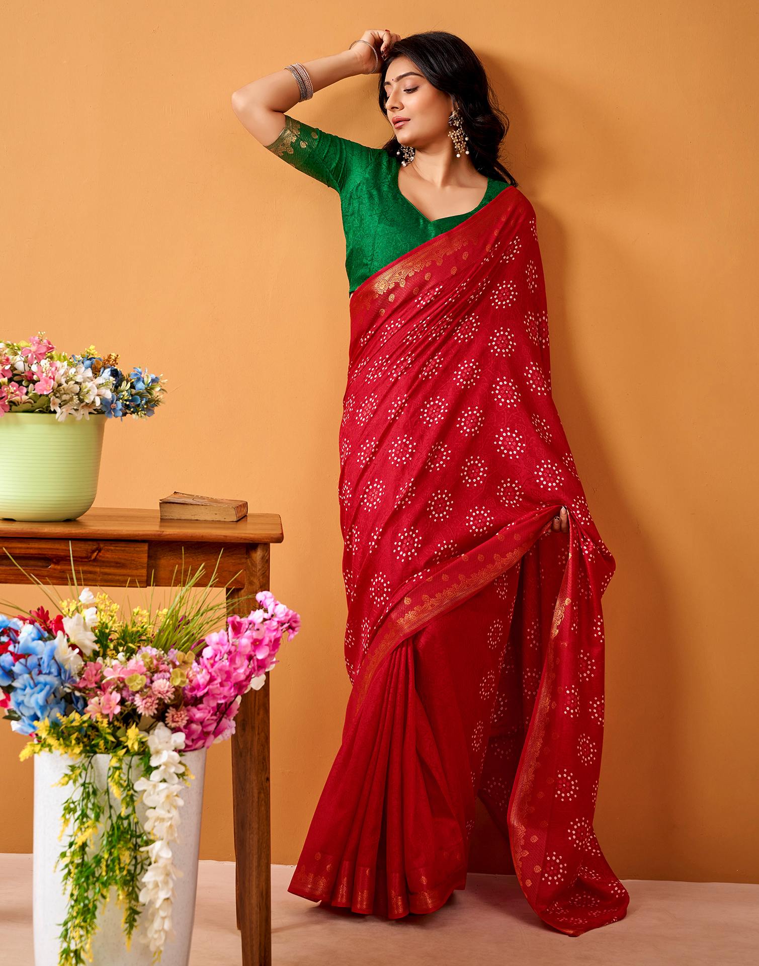 Red Silk Woven Printed Saree