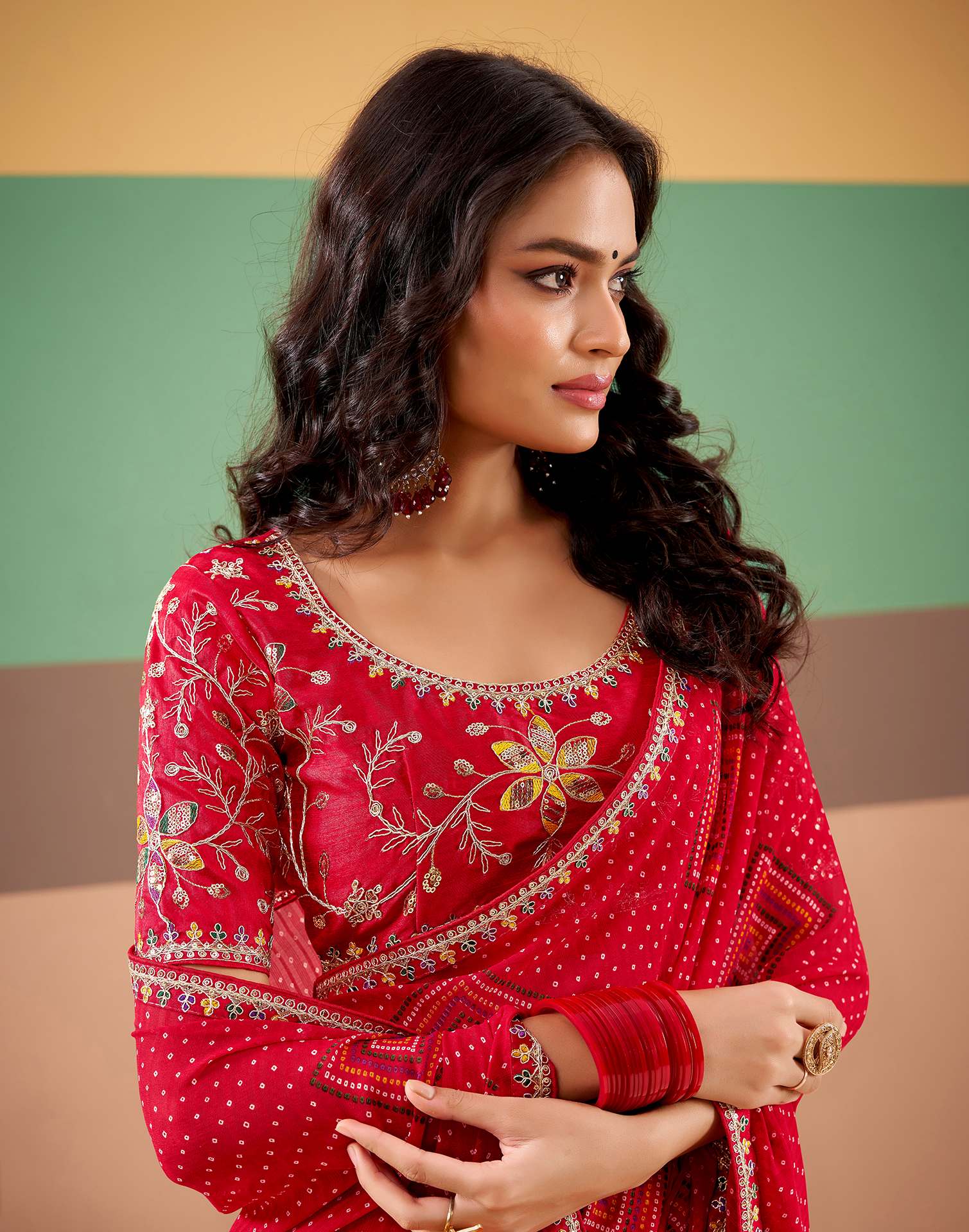 Red Georgette Printed Bandhani Saree