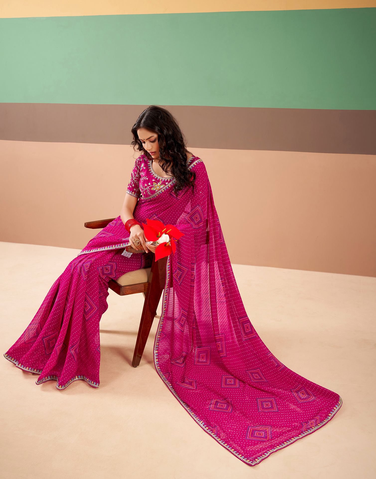 Pink Georgette Printed Bandhani Saree