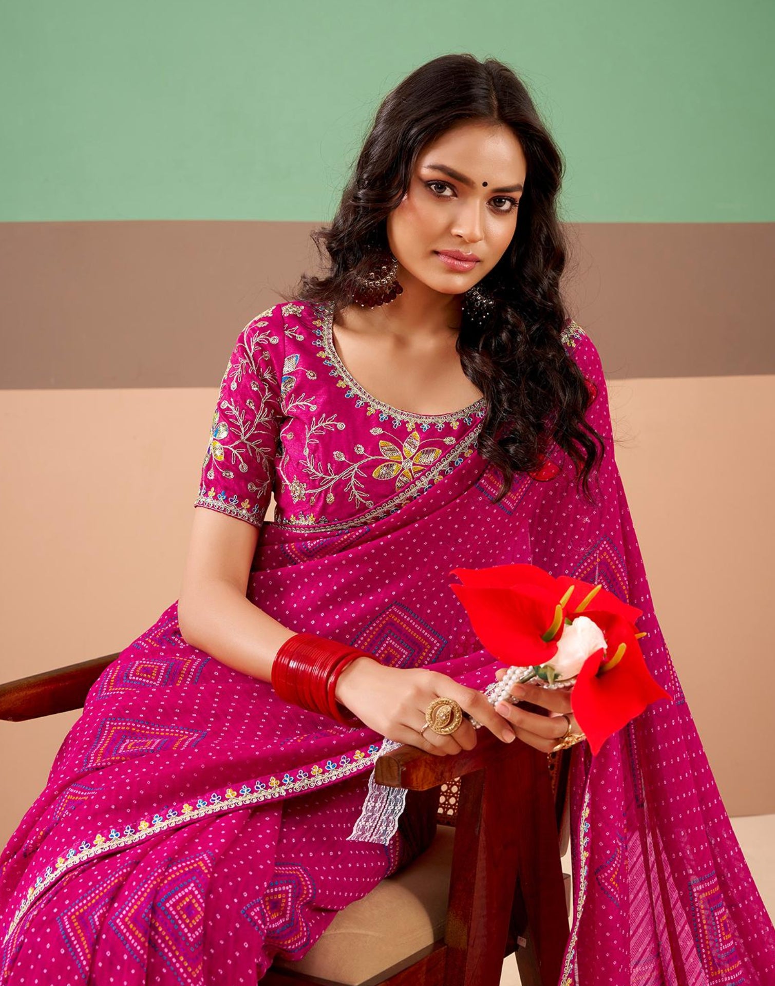 Pink Georgette Printed Bandhani Saree