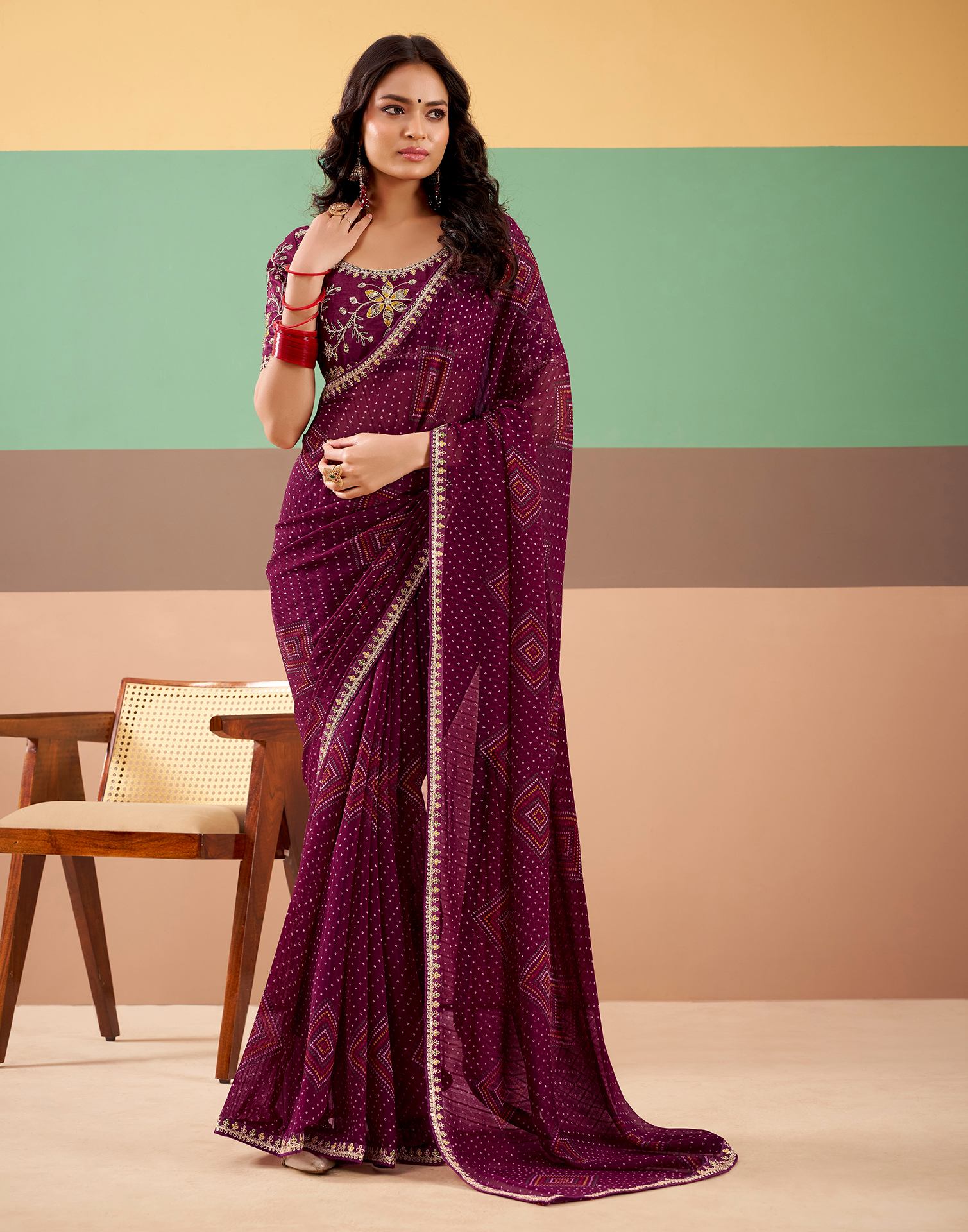 Wine Georgette Printed Bandhani Saree