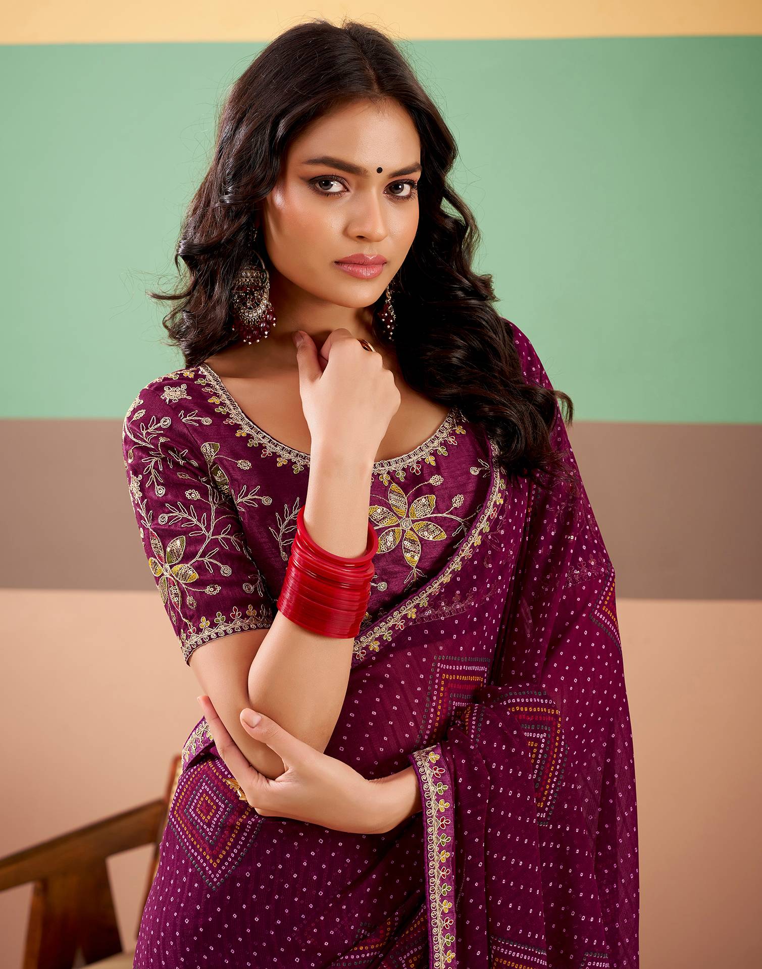 Wine Georgette Printed Bandhani Saree