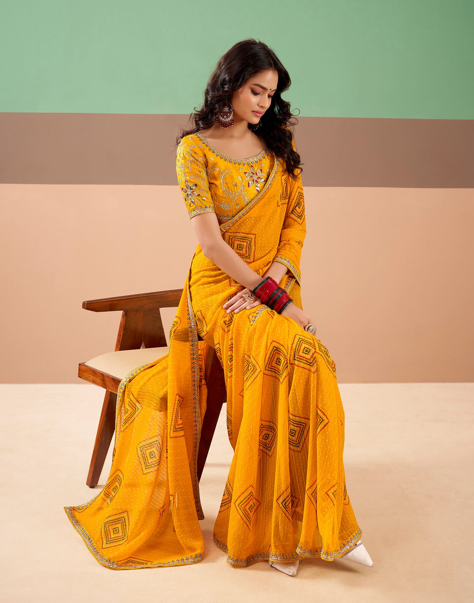 Yellow Georgette Printed Bandhani Saree