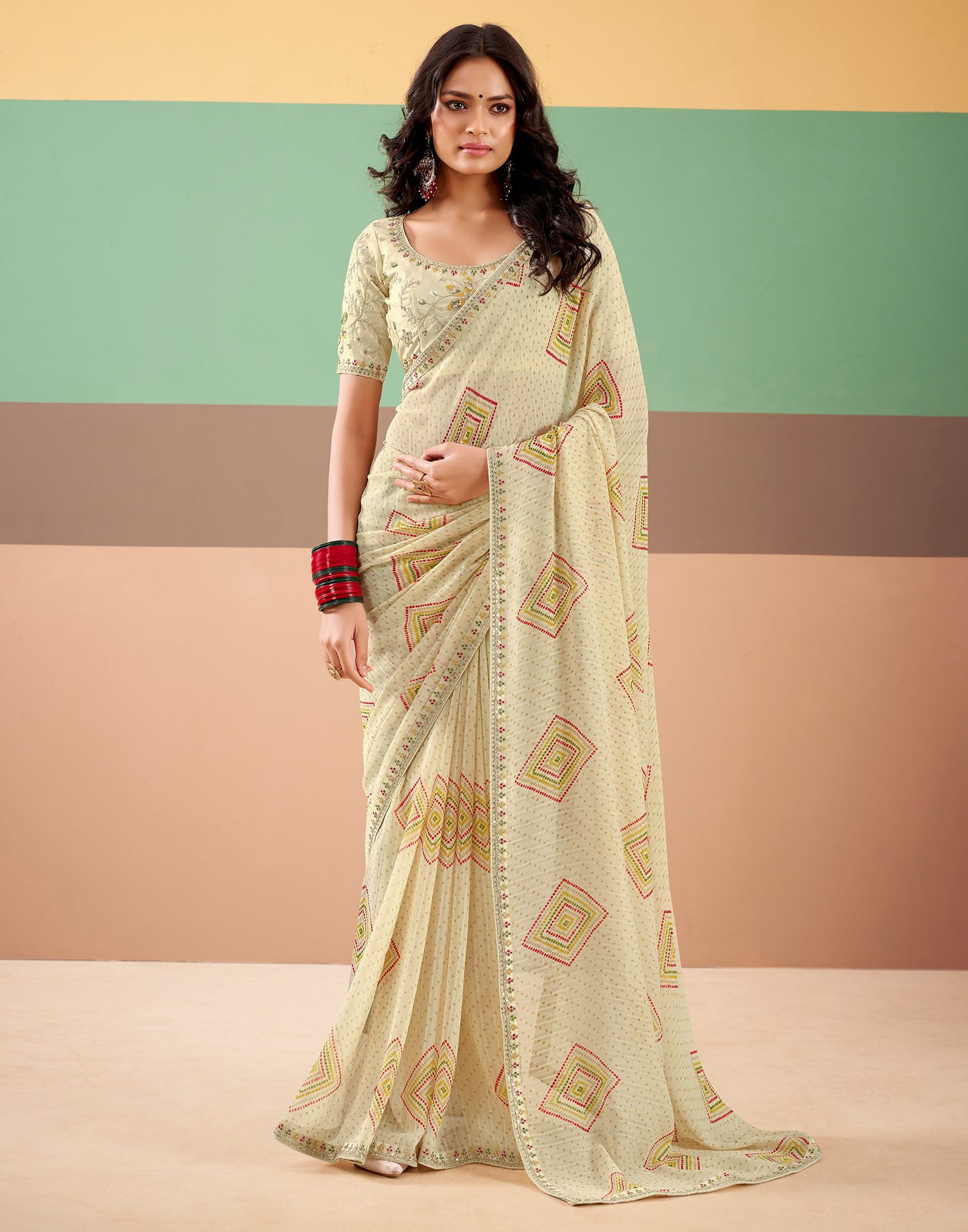 Beige Georgette Printed Bandhani Saree