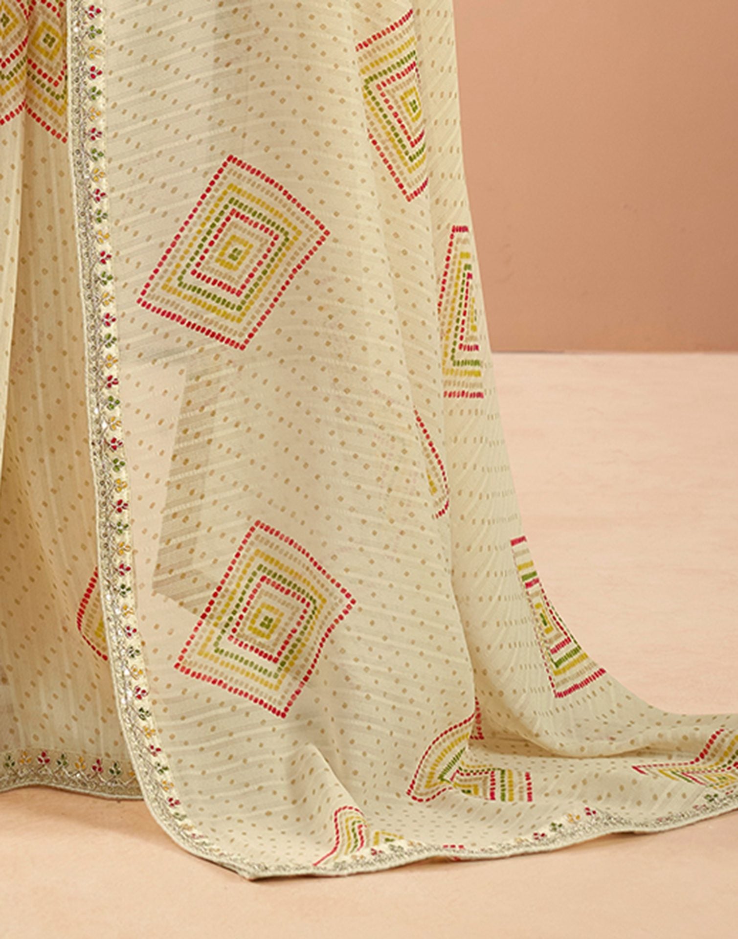 Beige Georgette Printed Bandhani Saree