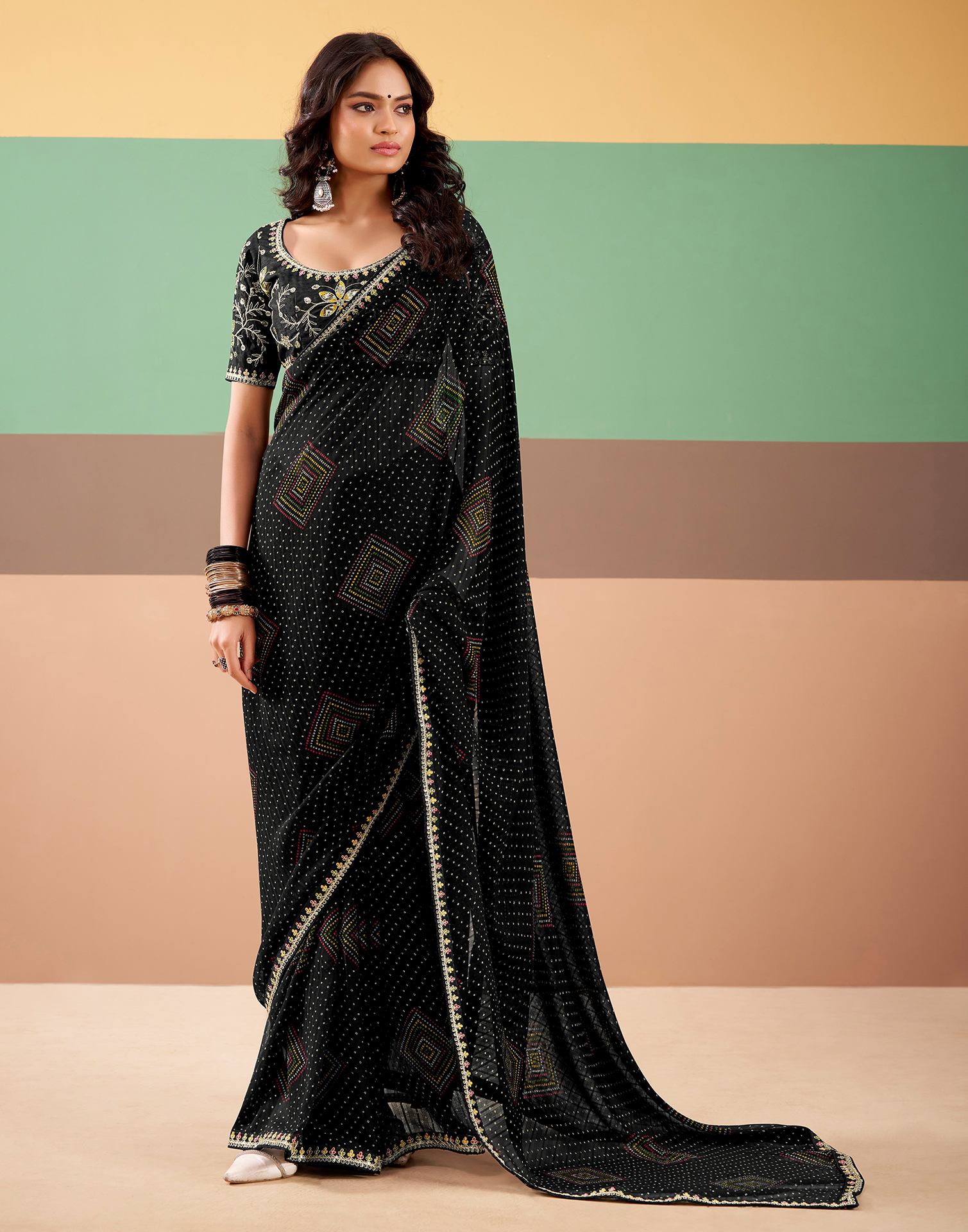 Black Georgette Printed Bandhani Saree