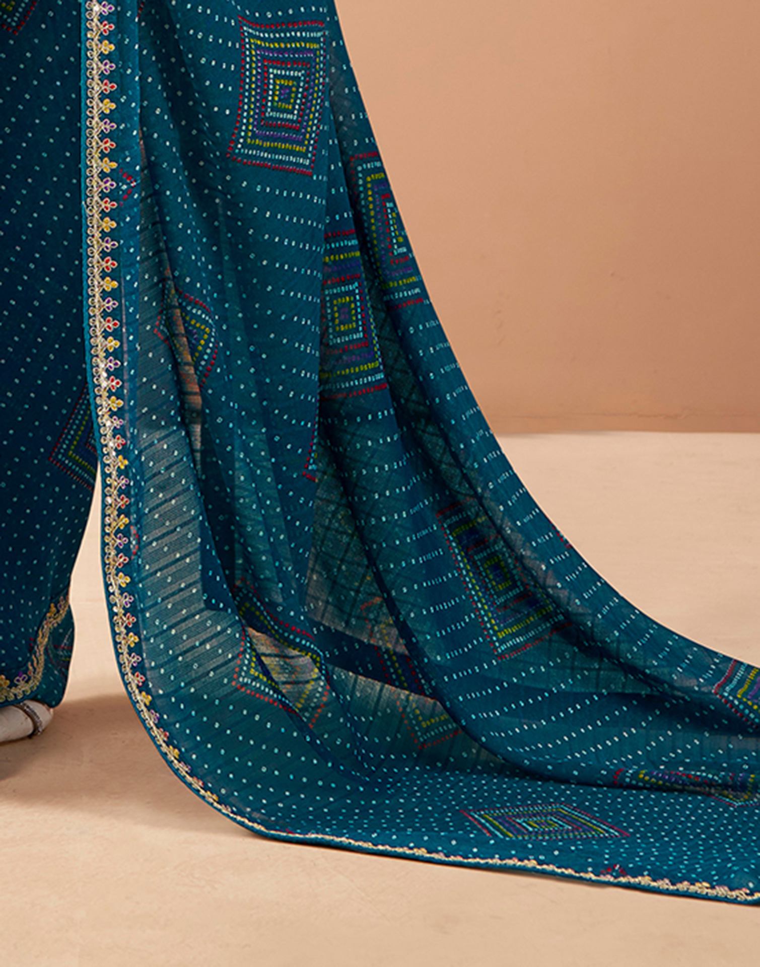 Rama Blue Georgette Printed Bandhani Saree