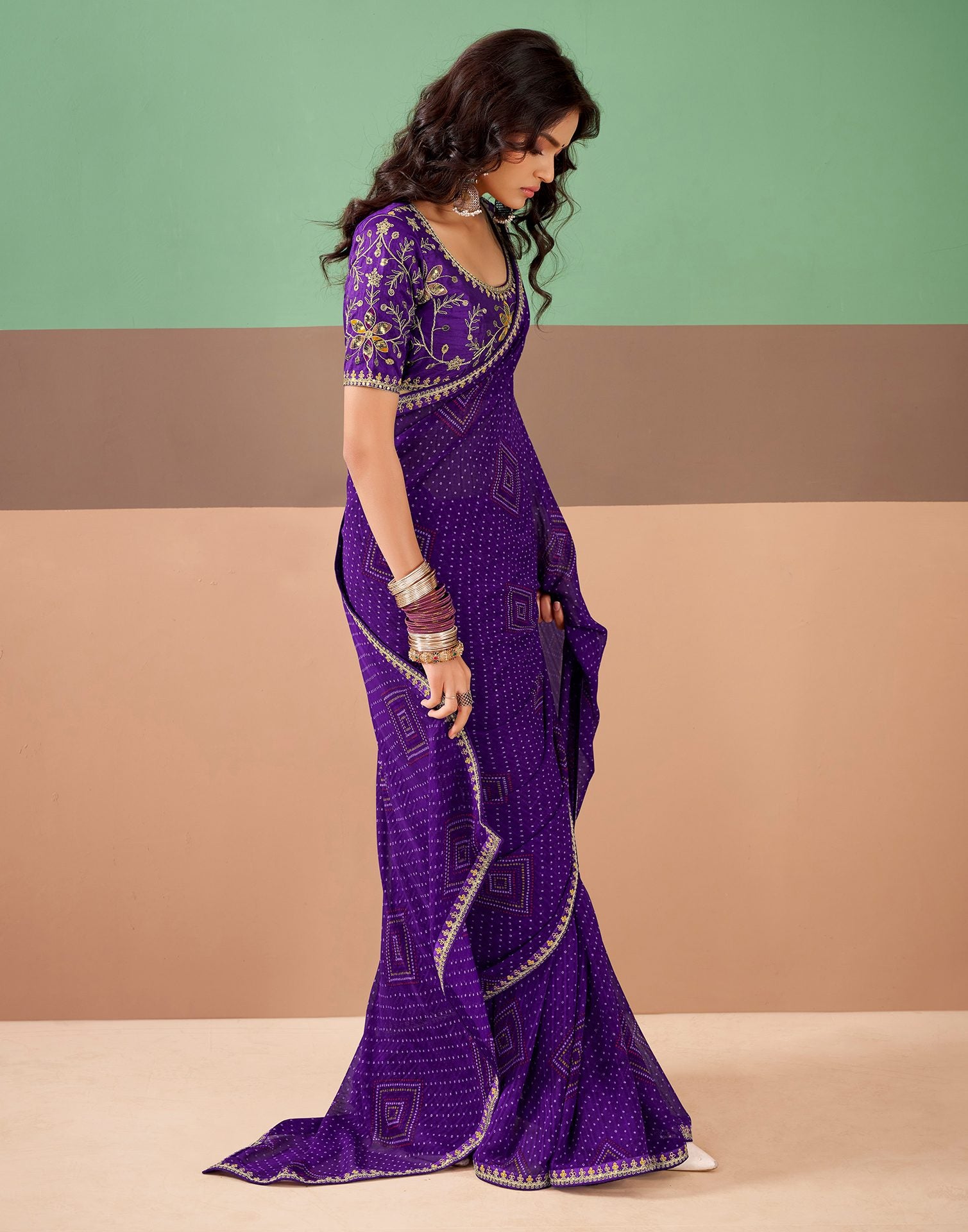Violet Georgette Printed Bandhani Saree