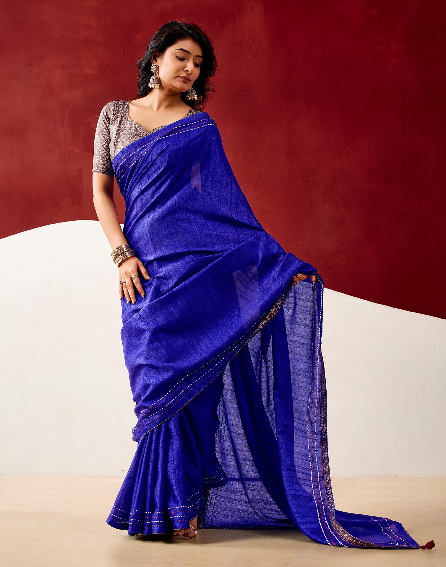 Dark Blue Silk Embroidery Saree