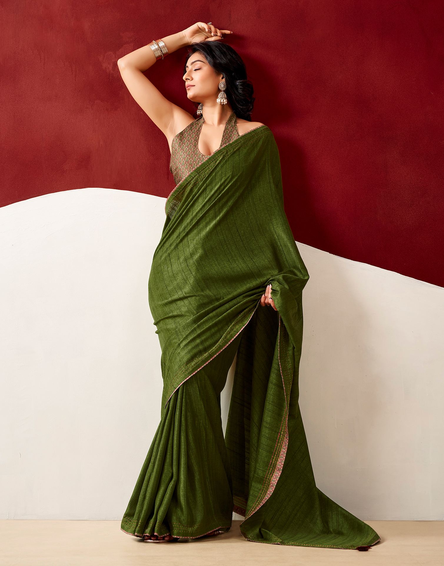 Olive Green Silk Embroidery Saree