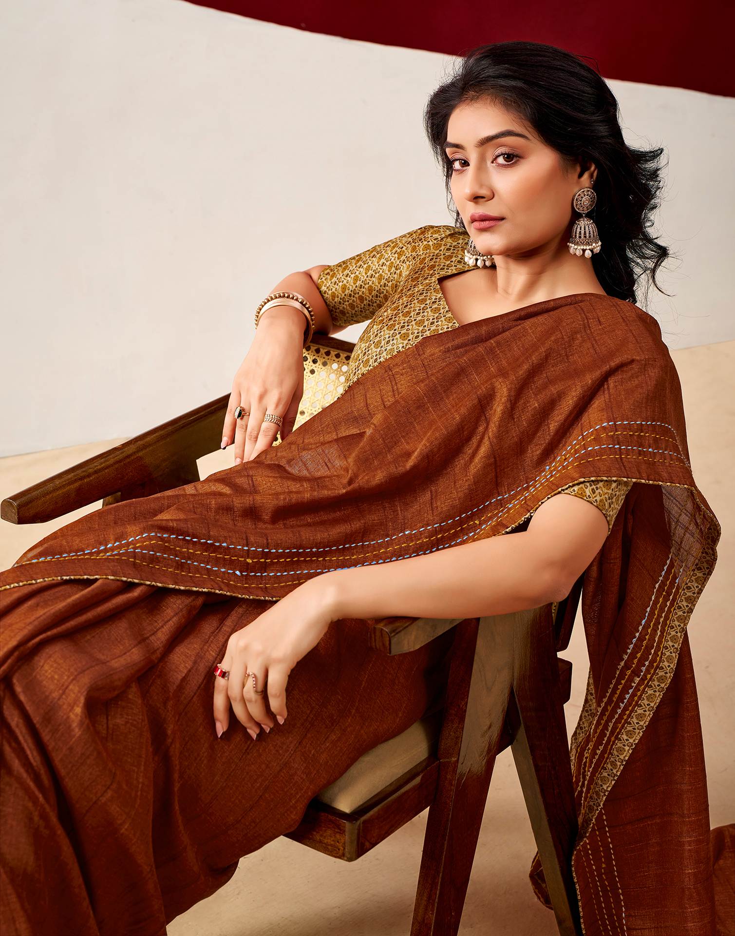 Rust Silk Embroidery Saree