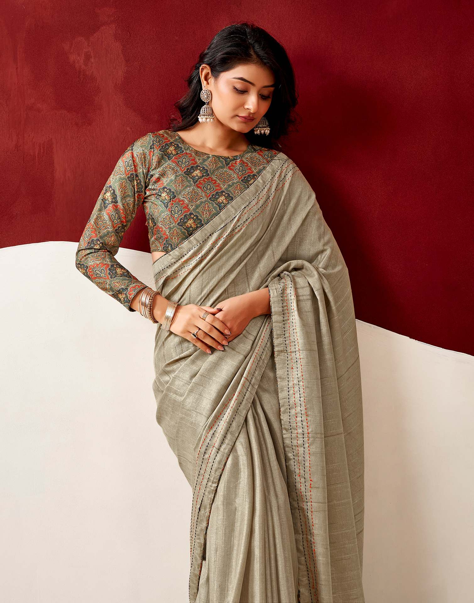 Dusty Beige Silk Embroidery Saree