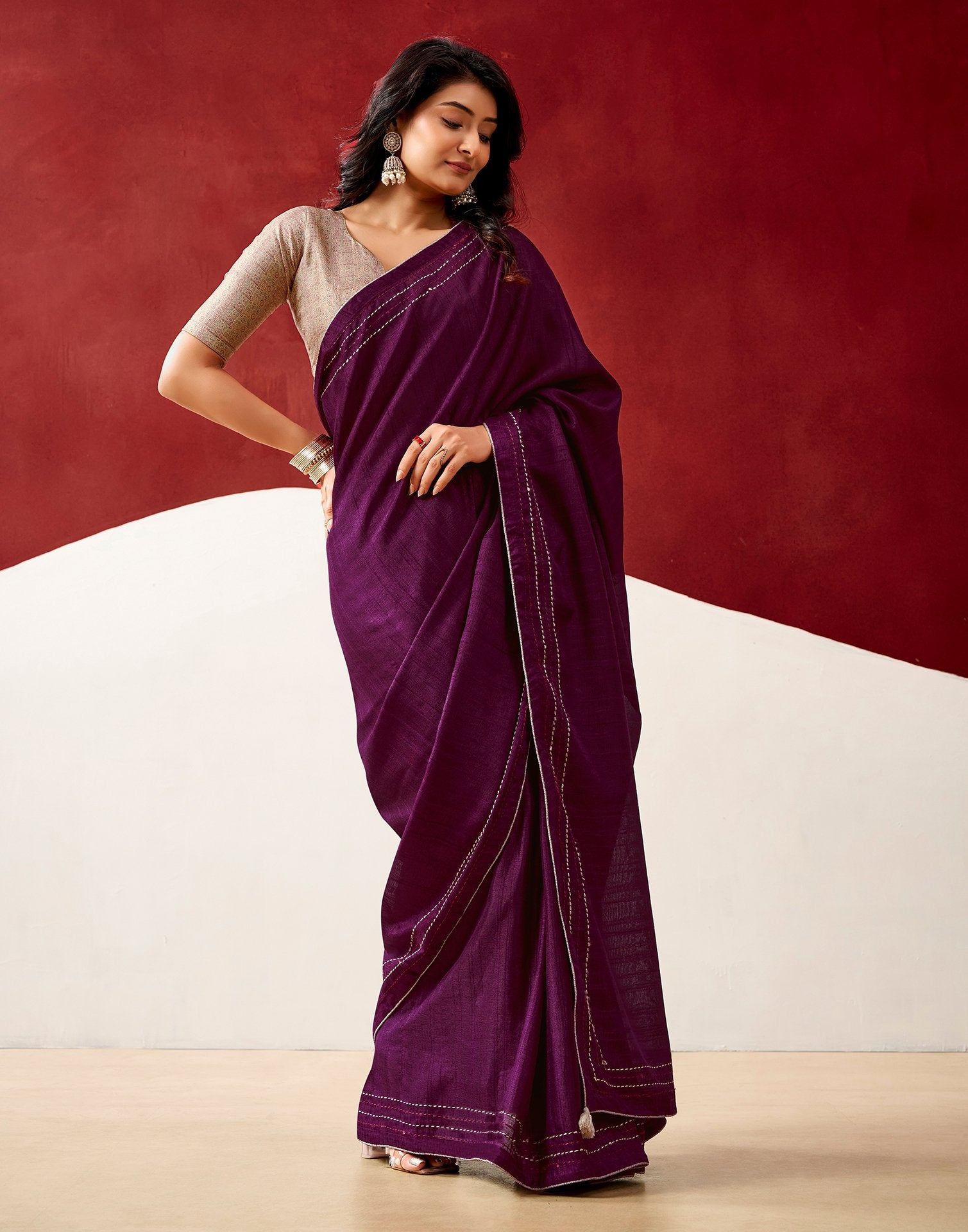 Wine Silk Embroidery Saree