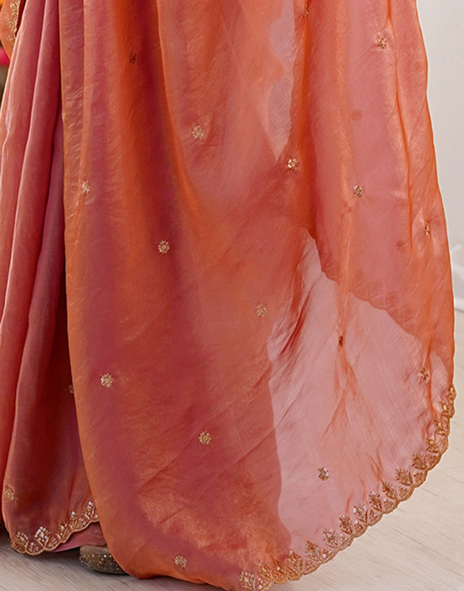 Peach Shimmer Tissue Sequence Embroidery Saree