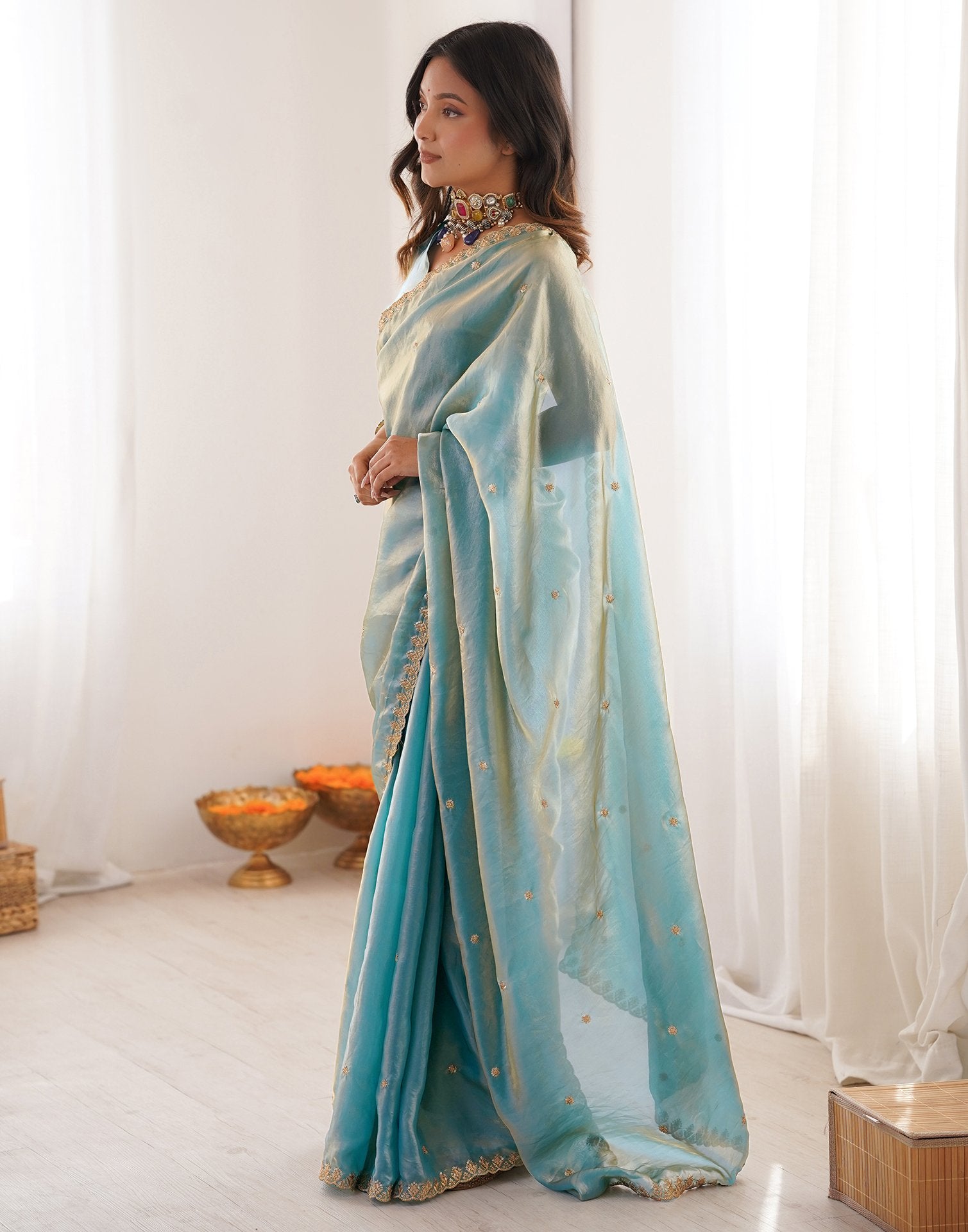 Sky Blue Shimmer Tissue Sequence Embroidery Saree
