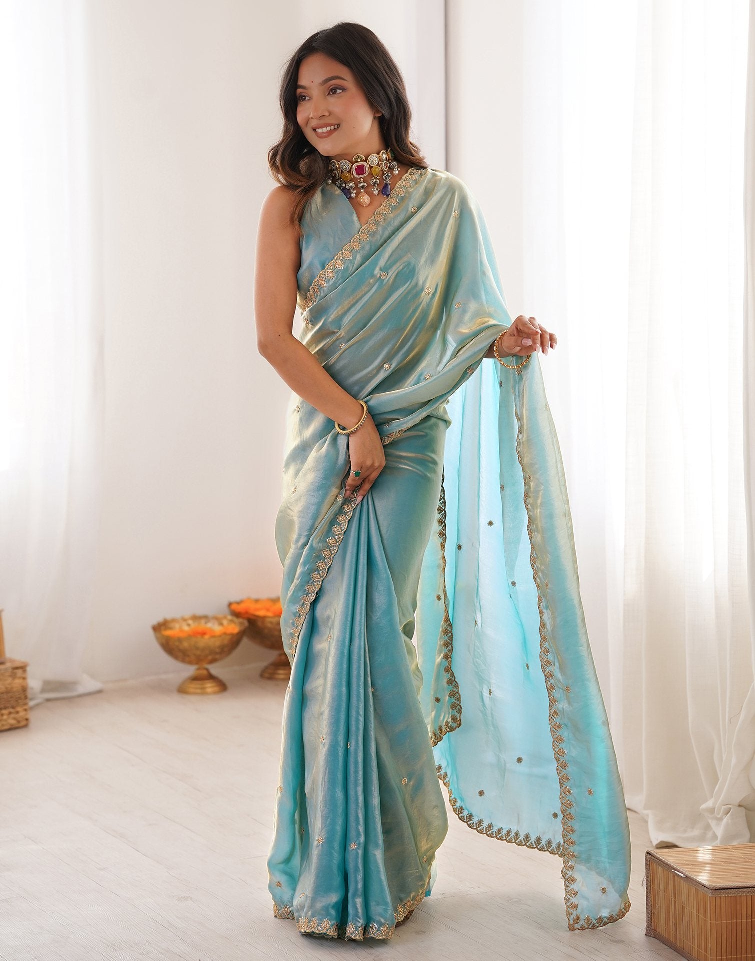 Sky Blue Shimmer Tissue Sequence Embroidery Saree