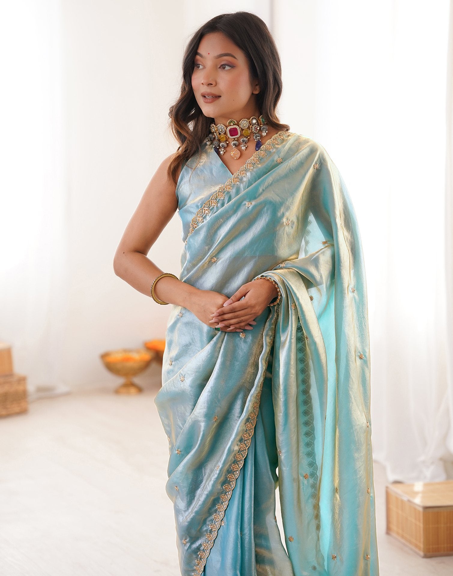 Sky Blue Shimmer Tissue Sequence Embroidery Saree