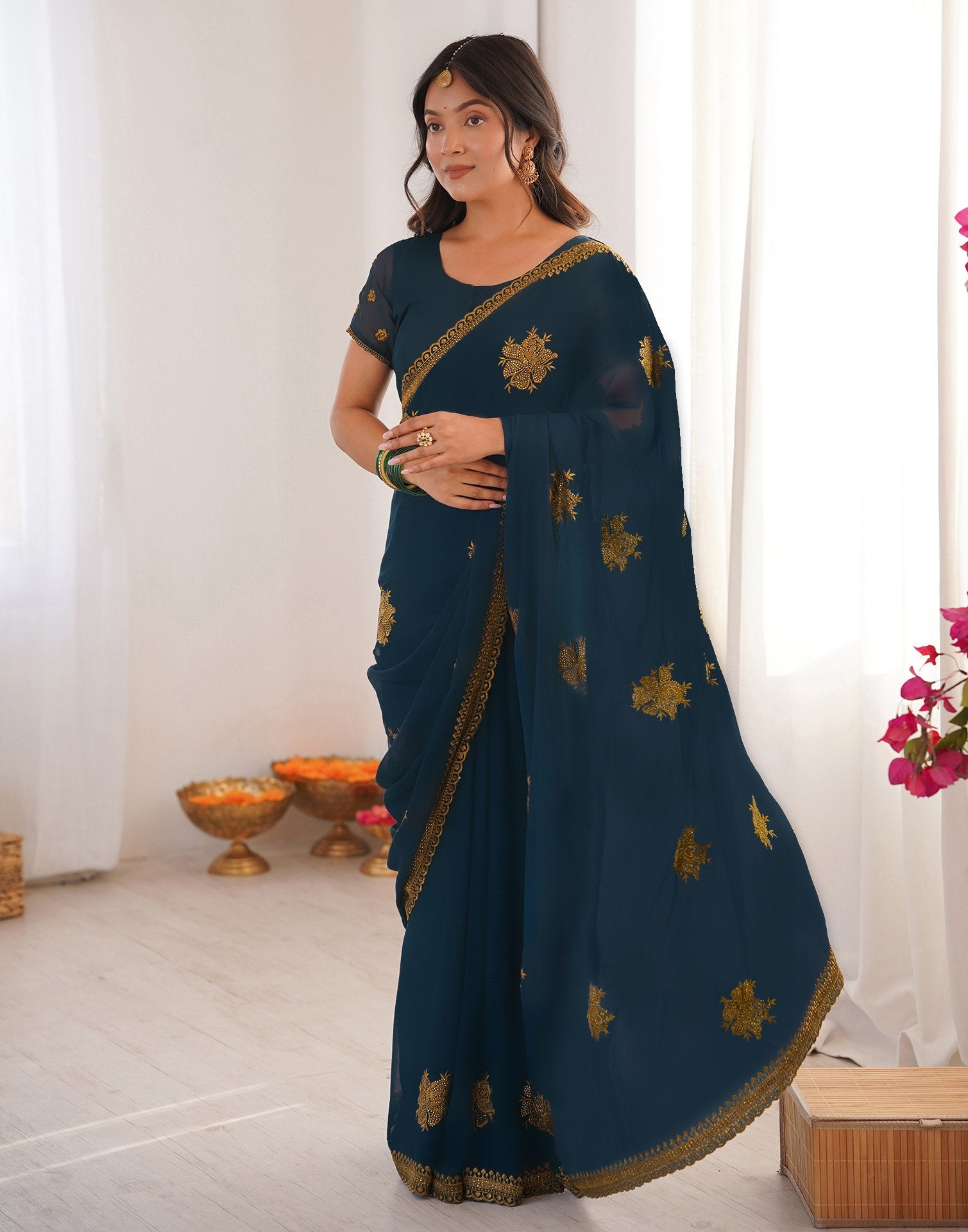 Rama Blue Georgette Embroidery Saree