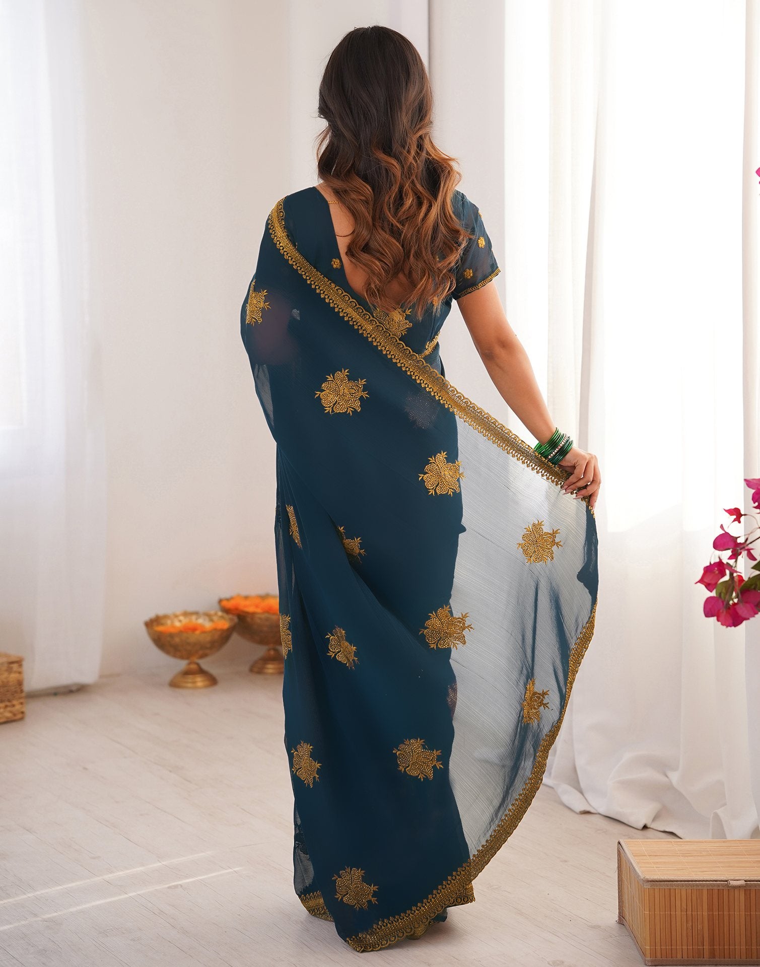 Rama Blue Georgette Embroidery Saree