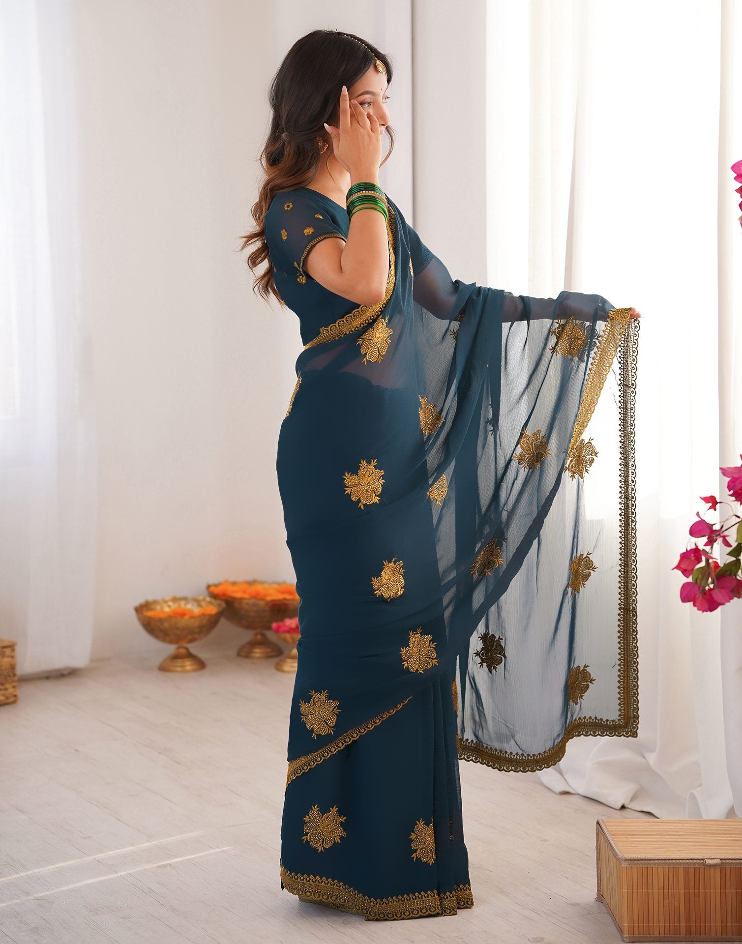 Rama Blue Georgette Embroidery Saree