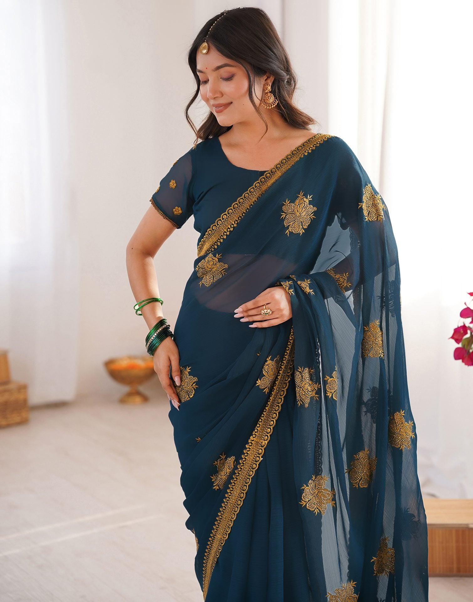 Rama Blue Georgette Embroidery Saree