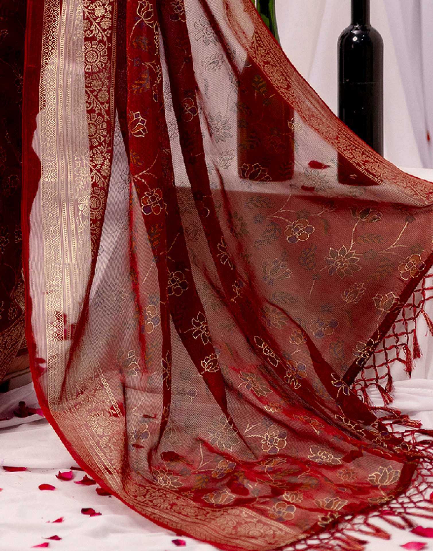 Maroon Chiffon Printed Foil Printed Saree