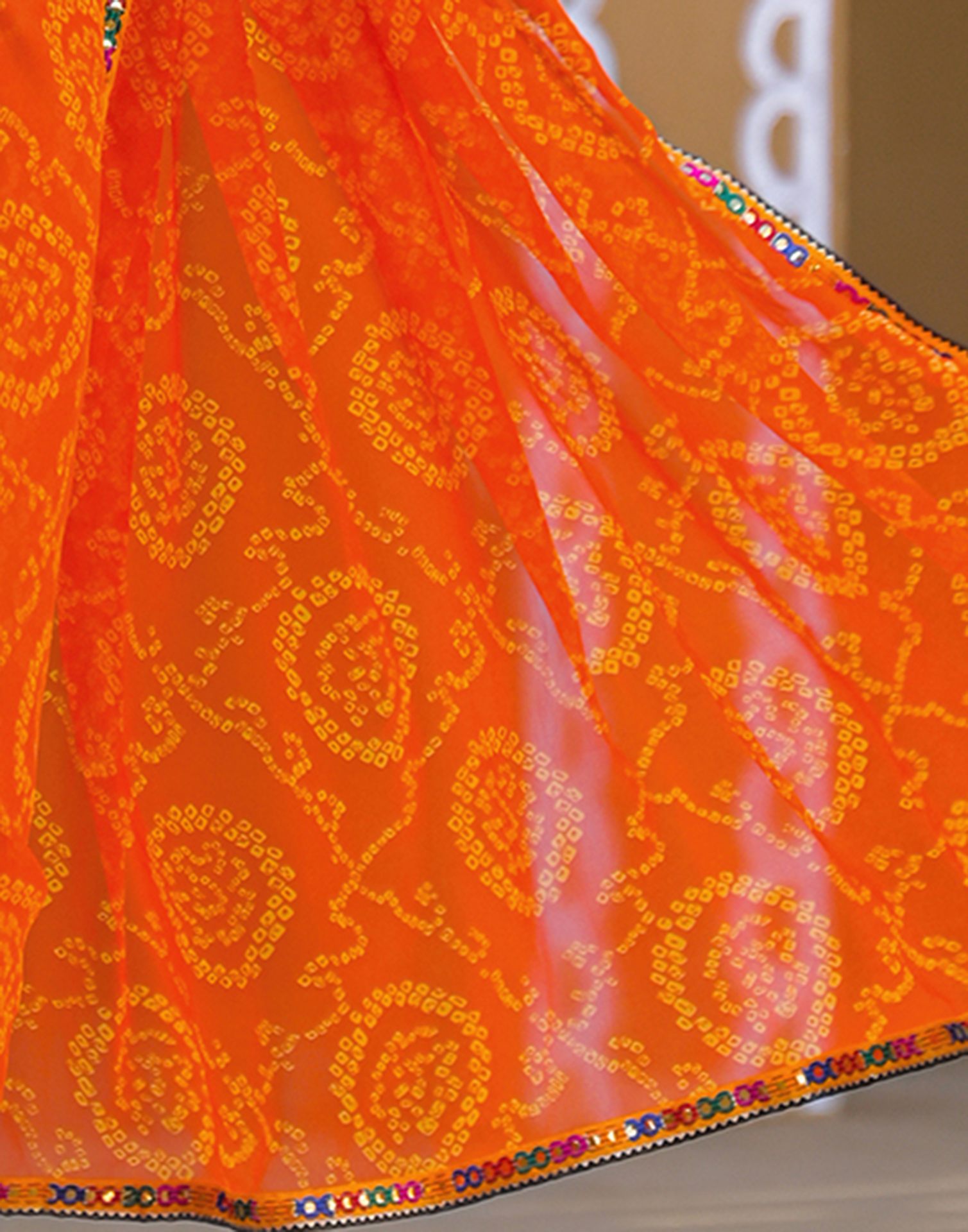 Orange Georgette Printed Bandhani Saree
