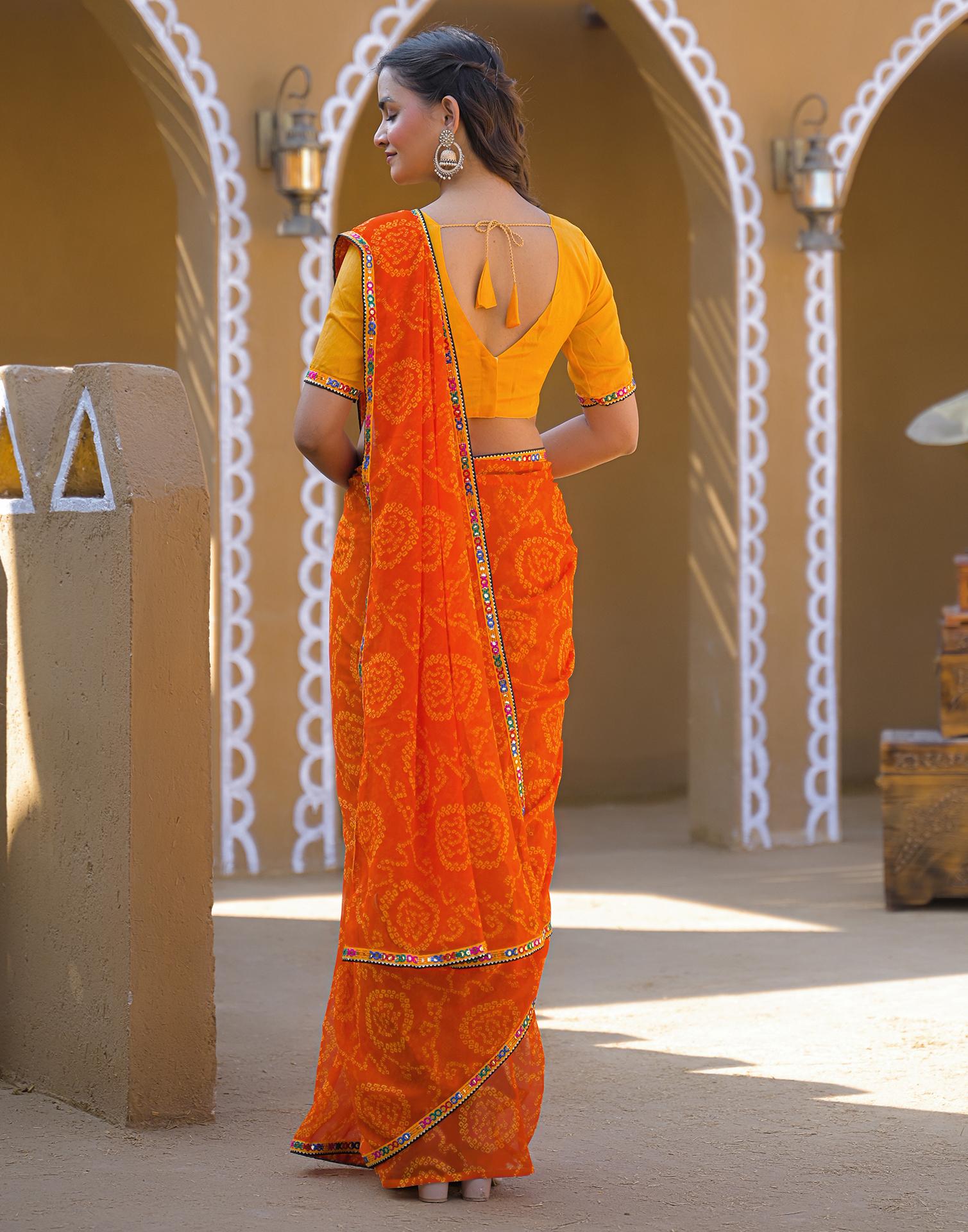 Orange Georgette Printed Bandhani Saree