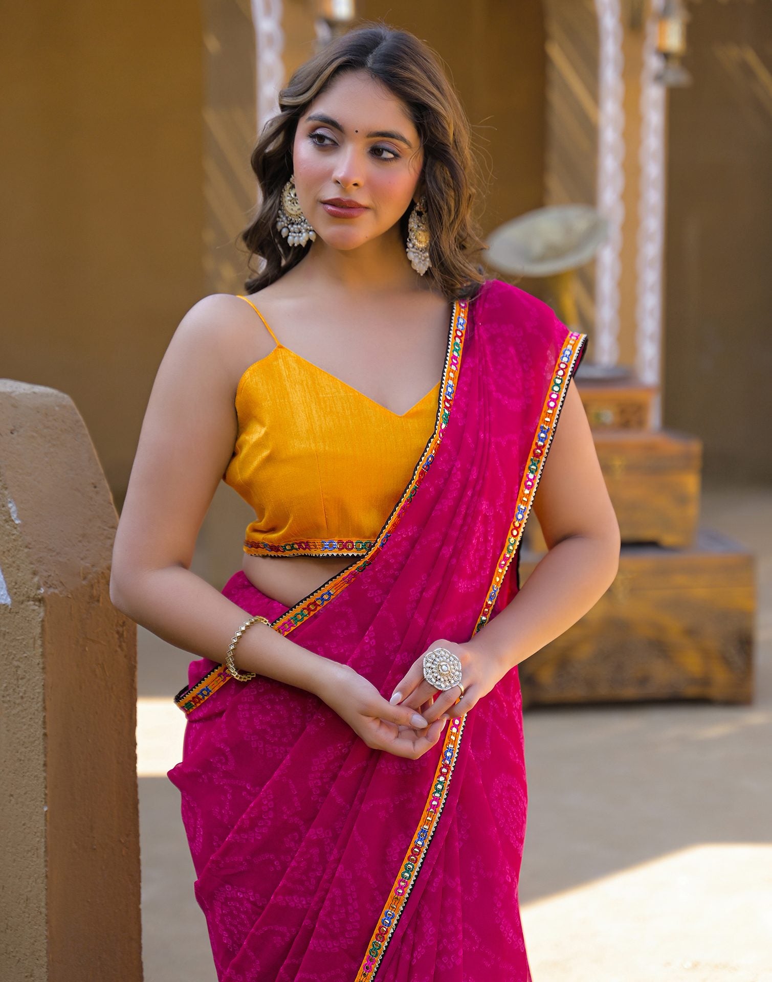 Rani Pink Georgette Printed Bandhani Saree