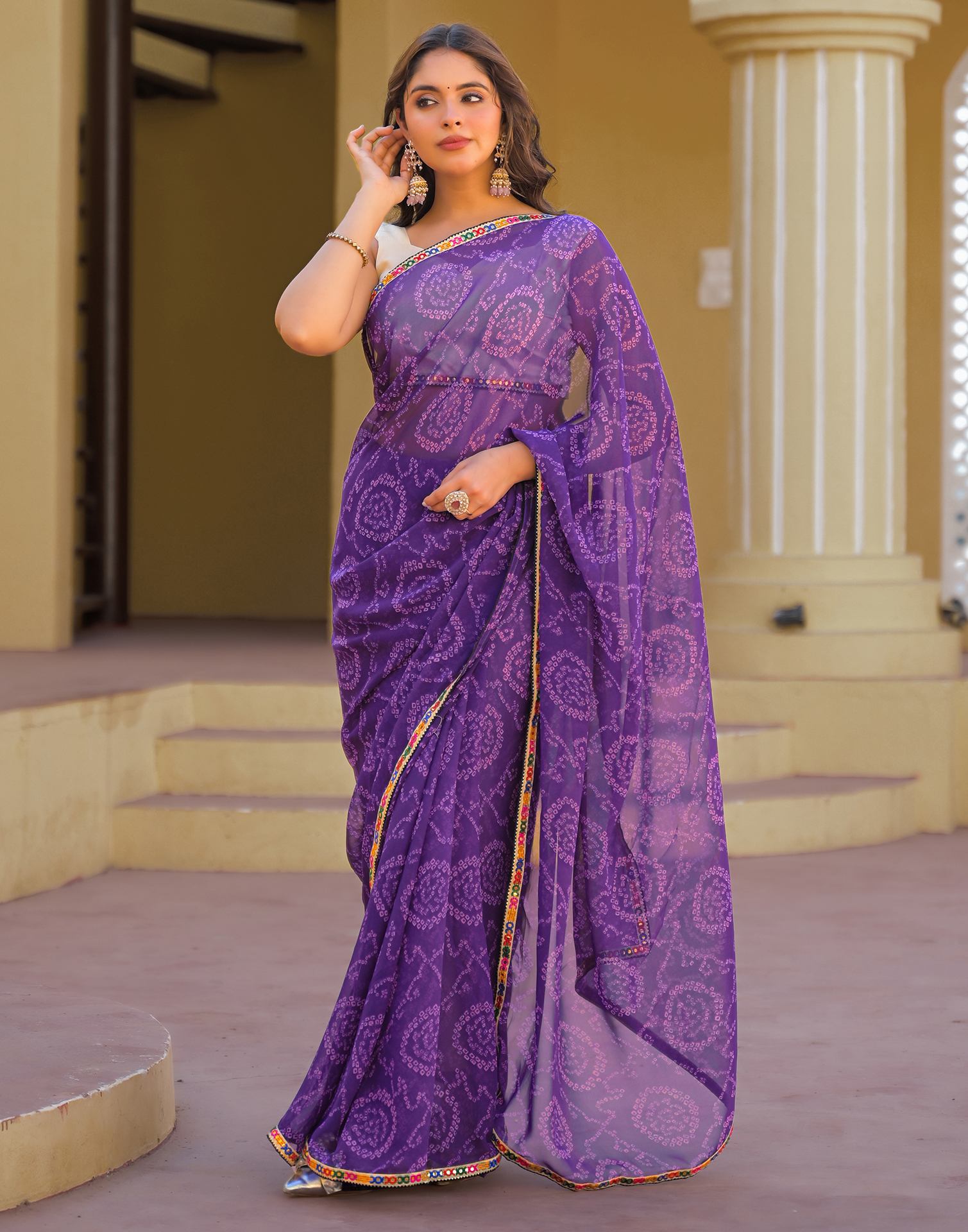 Purple Georgette Printed Bandhani Saree