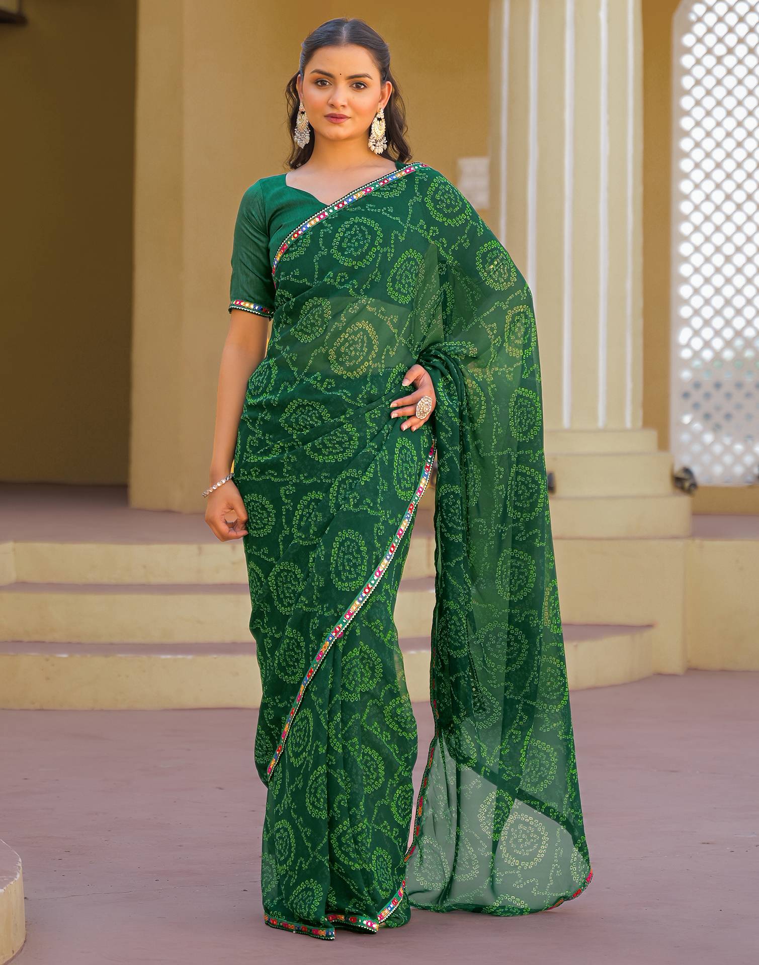Dark Green Georgette Printed Bandhani Saree