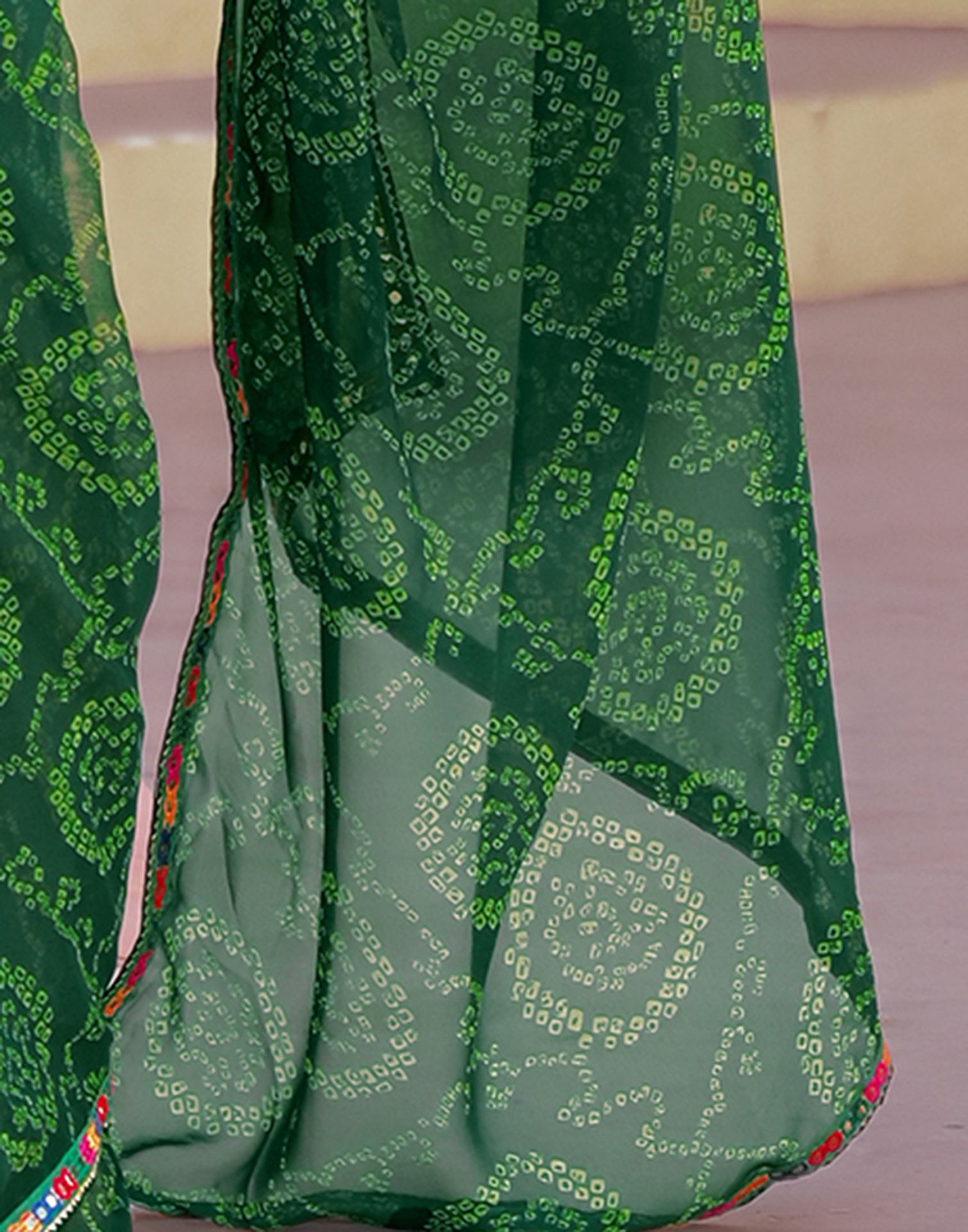 Dark Green Georgette Printed Bandhani Saree