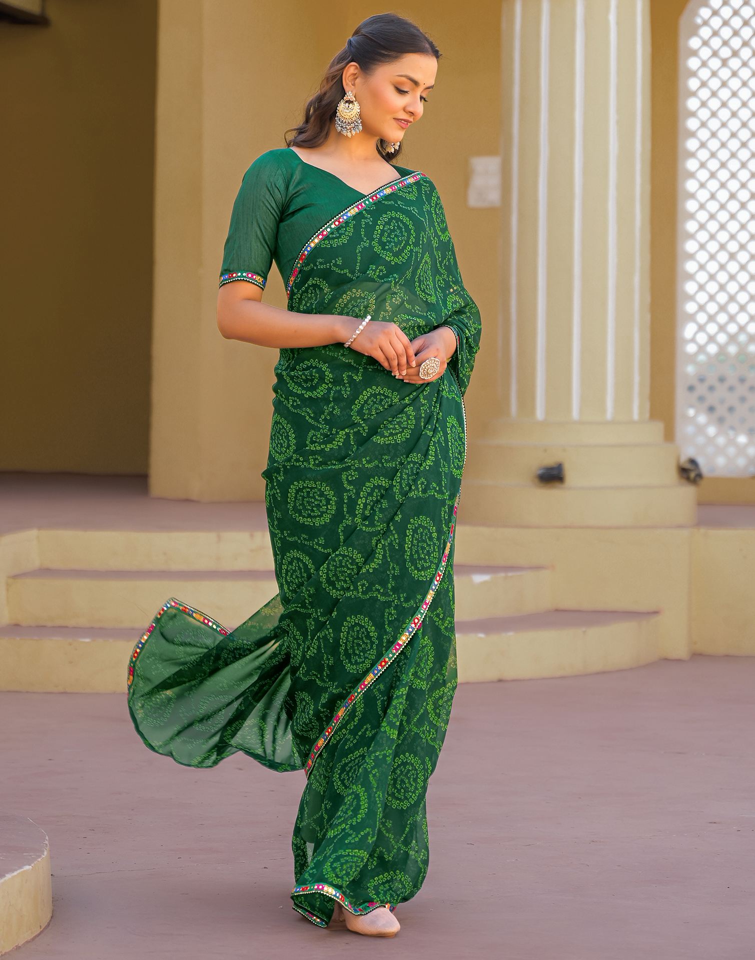 Dark Green Georgette Printed Bandhani Saree