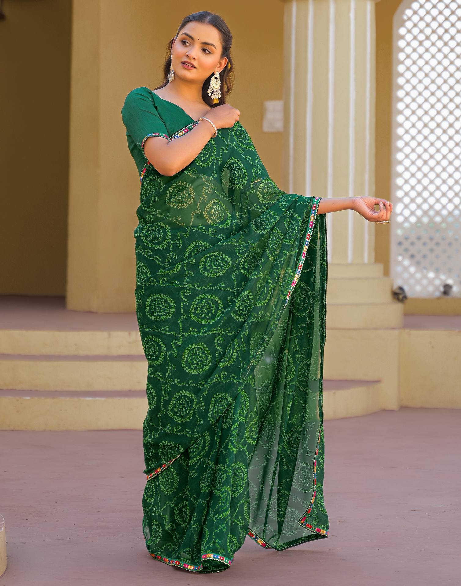 Dark Green Georgette Printed Bandhani Saree