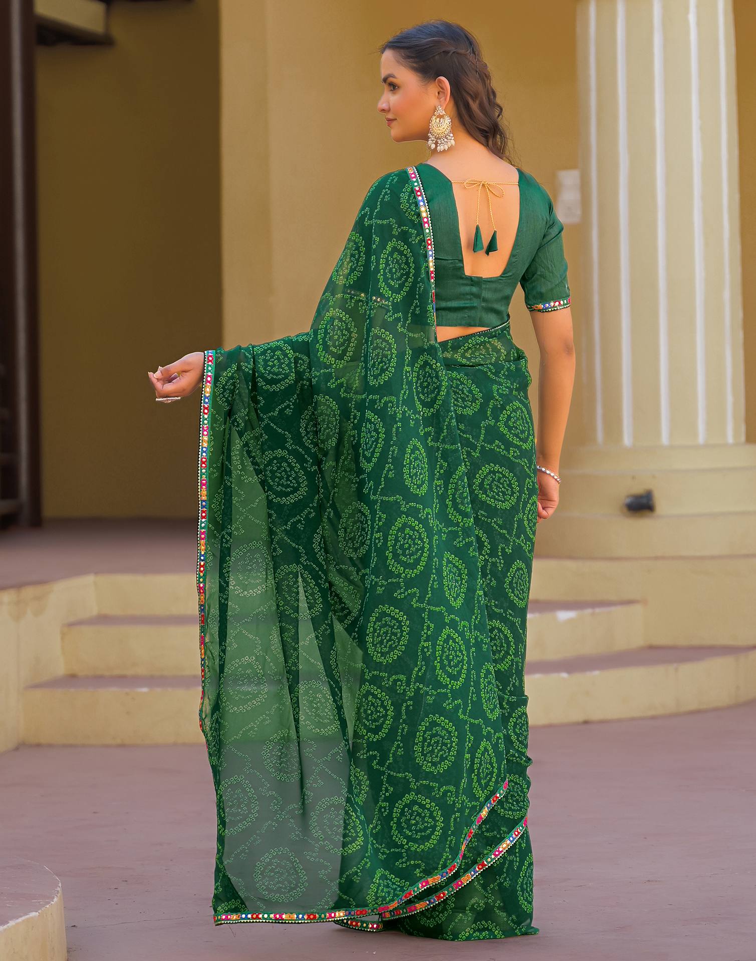 Dark Green Georgette Printed Bandhani Saree