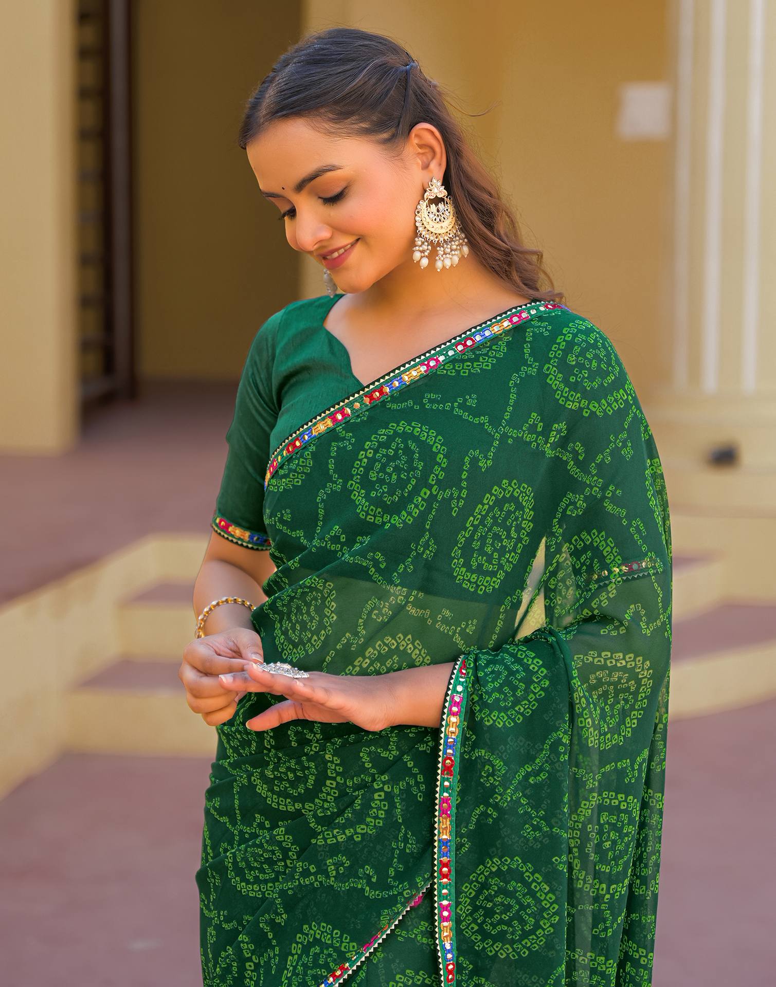 Dark Green Georgette Printed Bandhani Saree