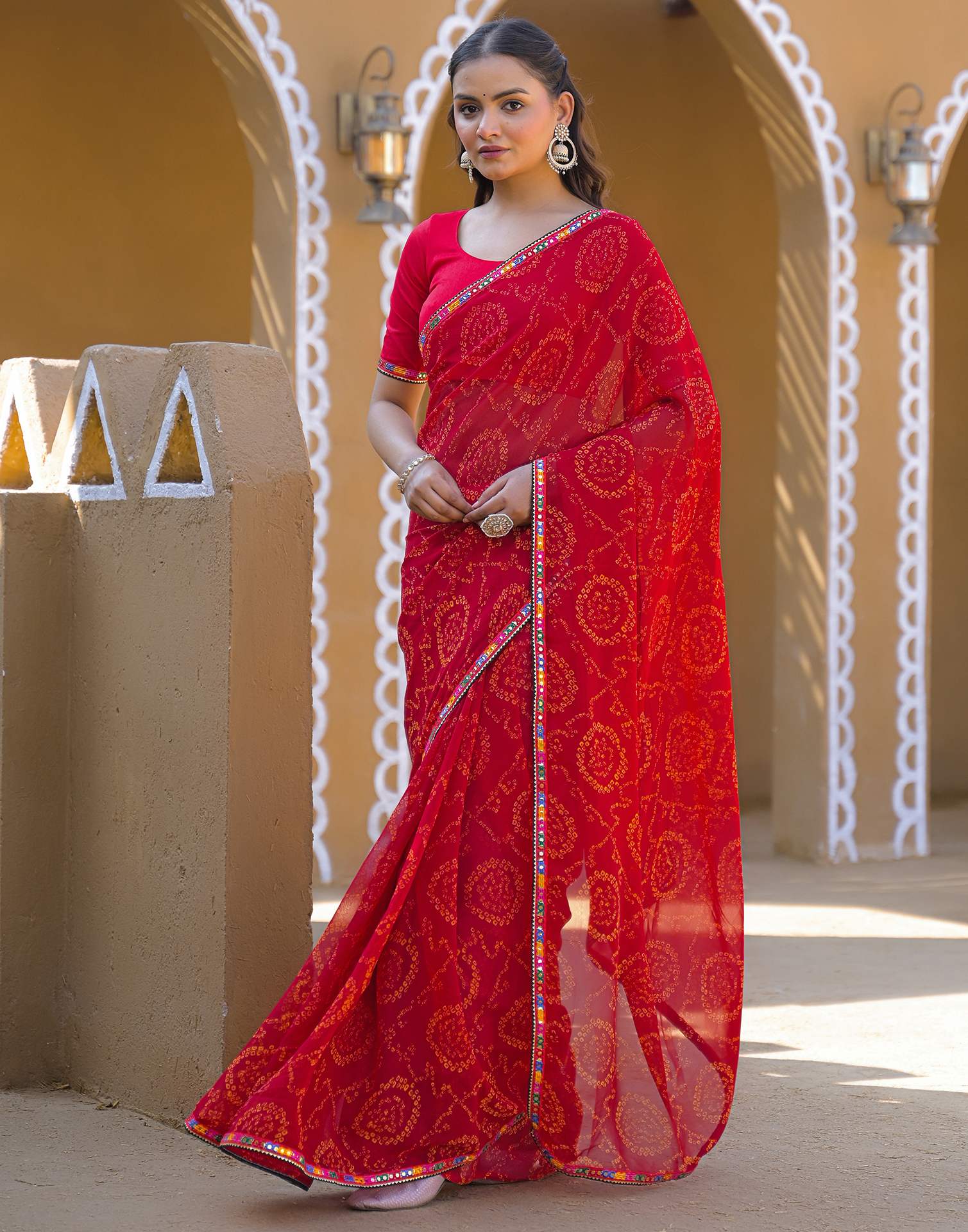 Maroon Georgette Printed Bandhani Saree