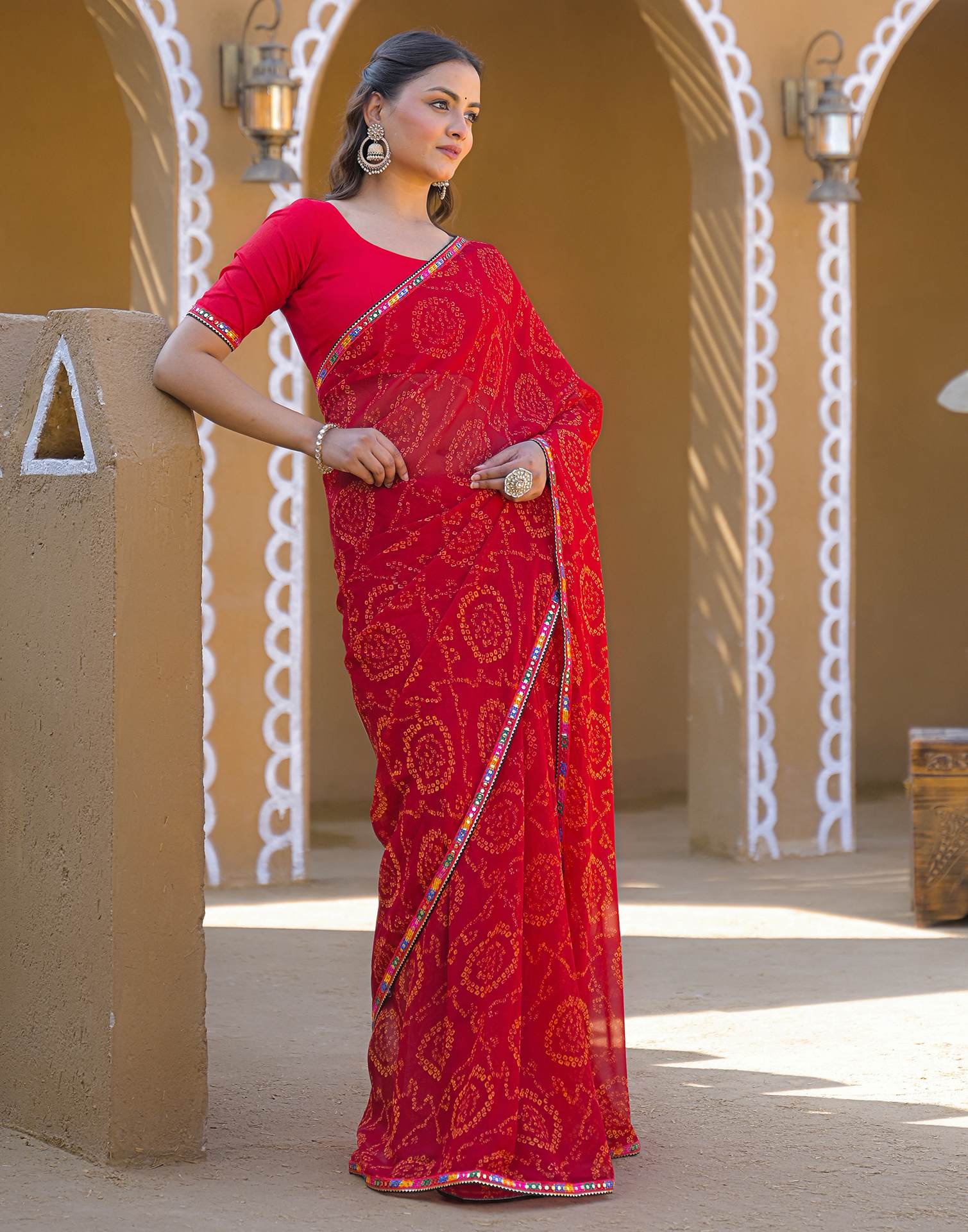 Maroon Georgette Printed Bandhani Saree