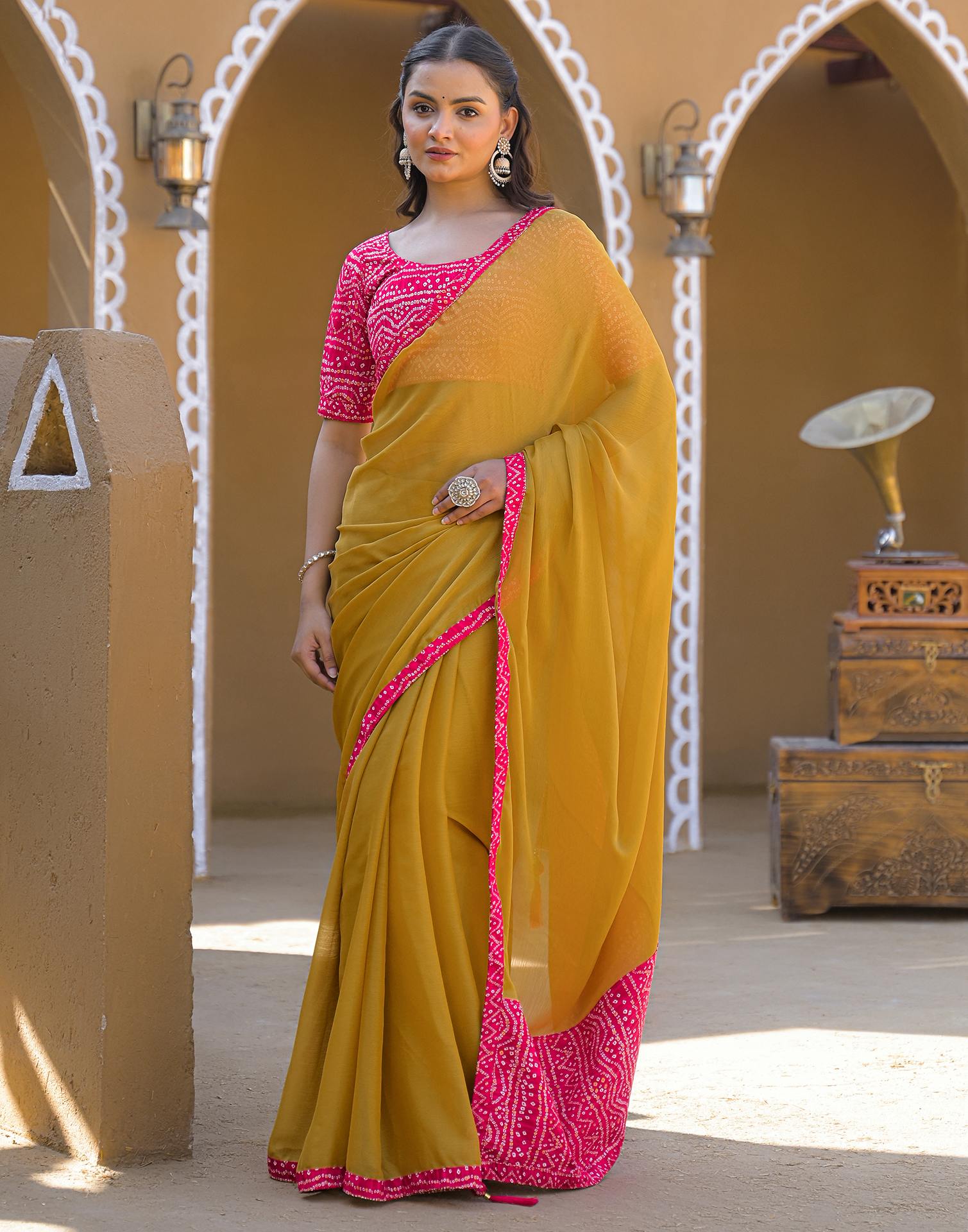 Mustard Yellow Chiffon Printed Lace Saree