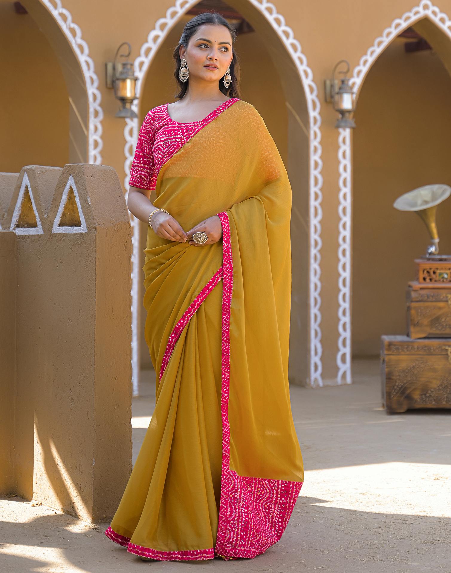 Mustard Yellow Chiffon Printed Lace Saree