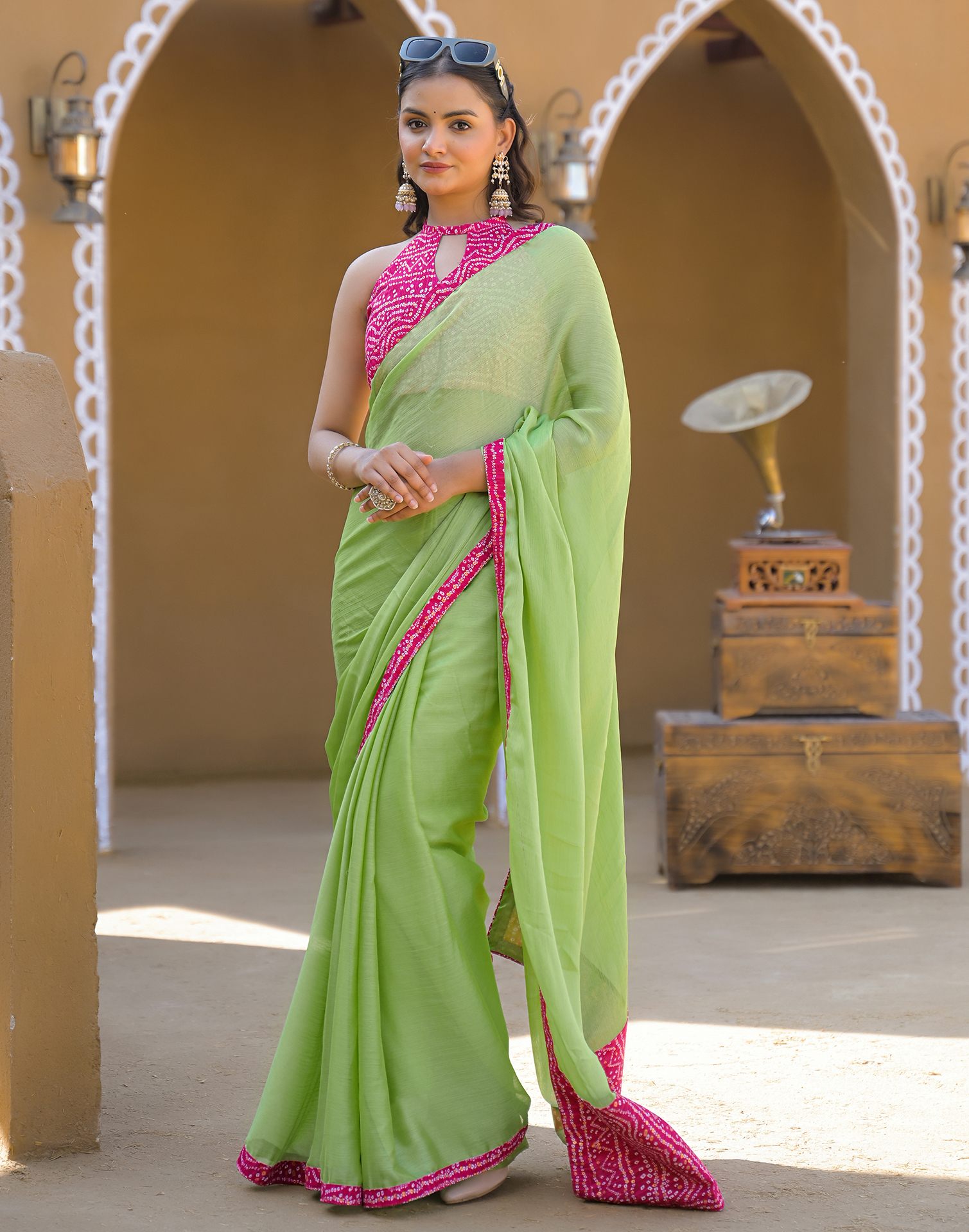 Light Green Chiffon Printed Lace Saree
