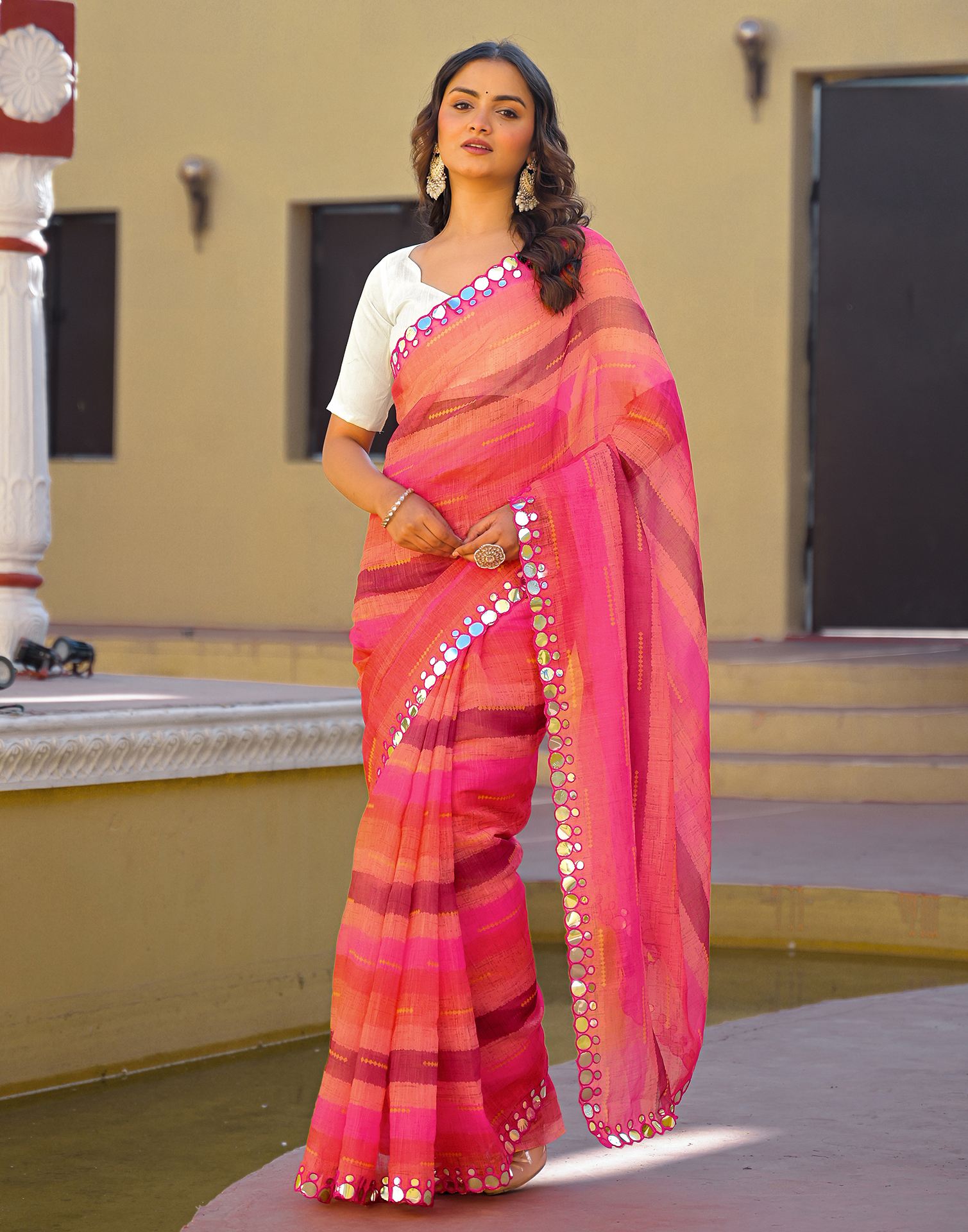 Coral Pink Cotton Linen Printed Saree