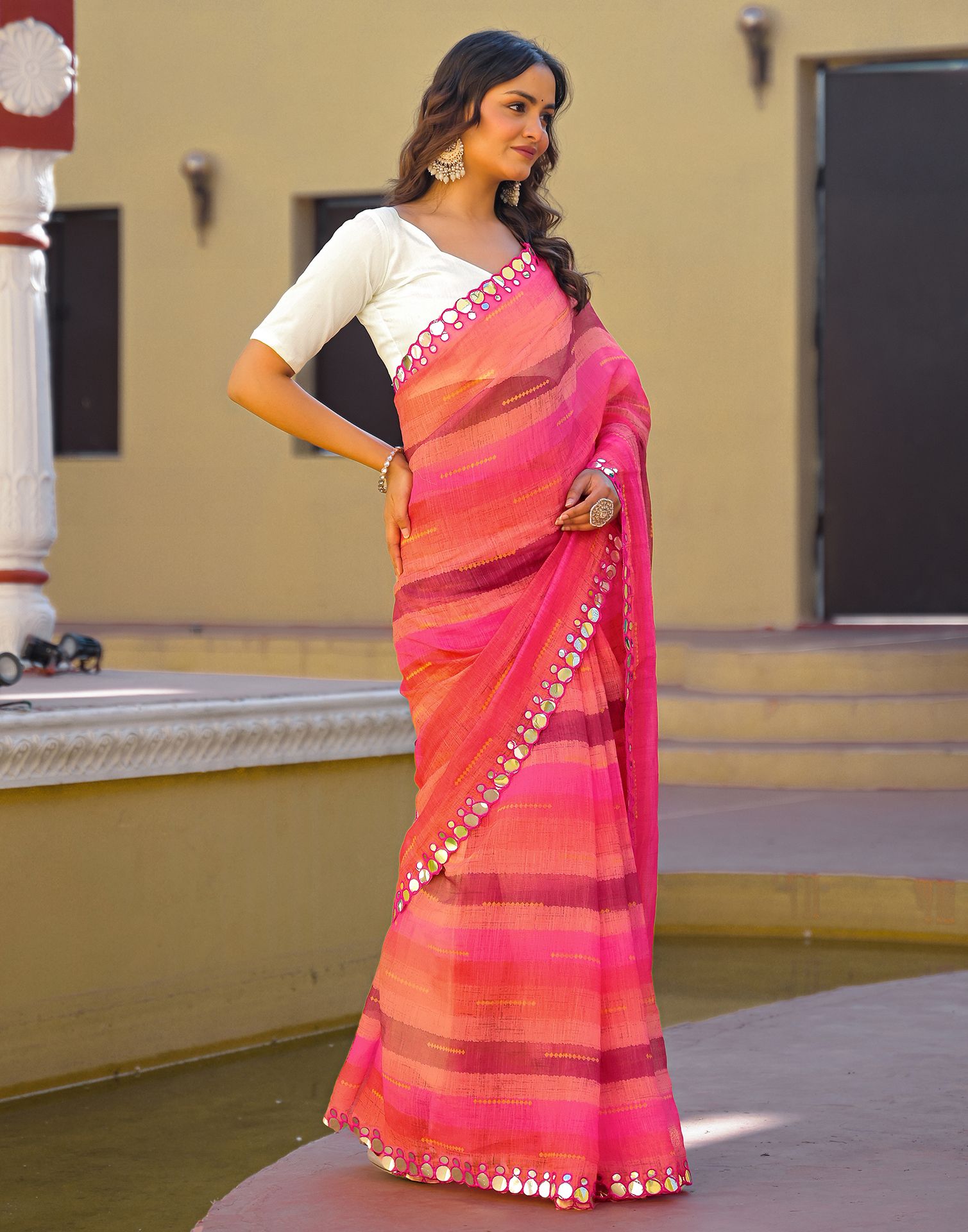 Coral Pink Cotton Linen Printed Saree