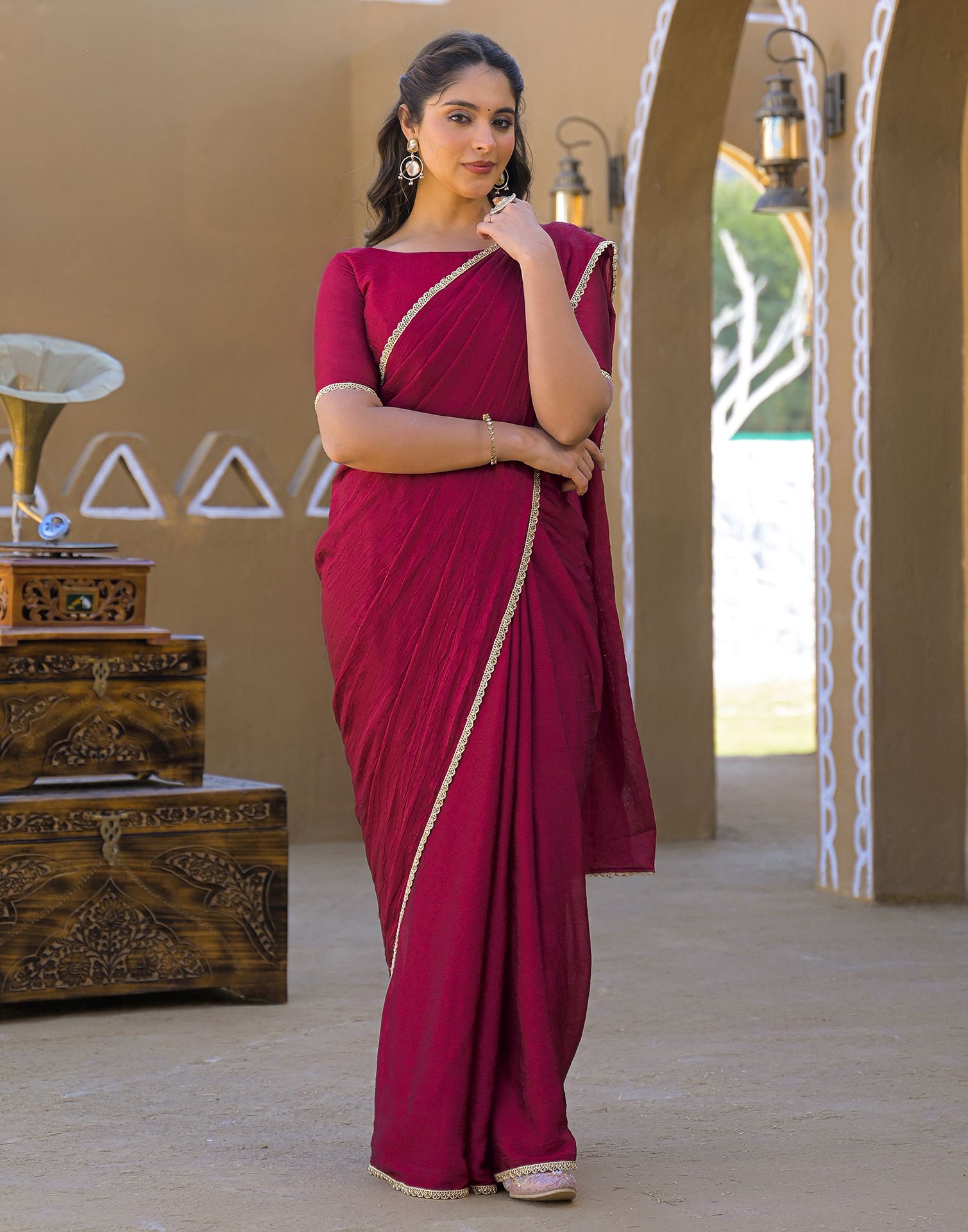 Dark Magenta Crush Silk Lace Saree