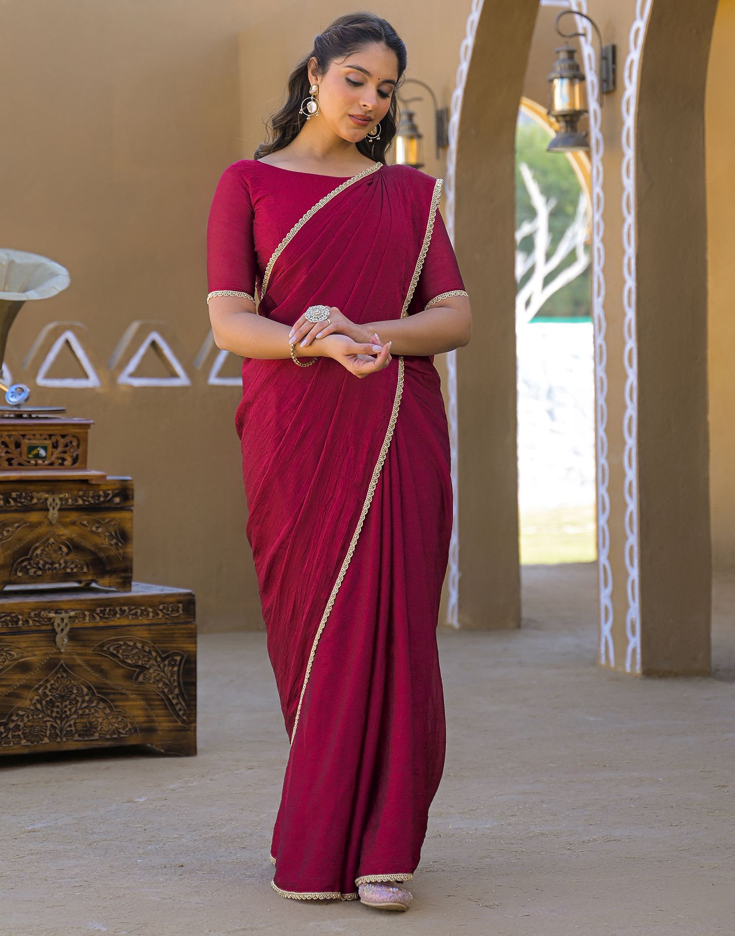 Dark Magenta Crush Silk Lace Saree