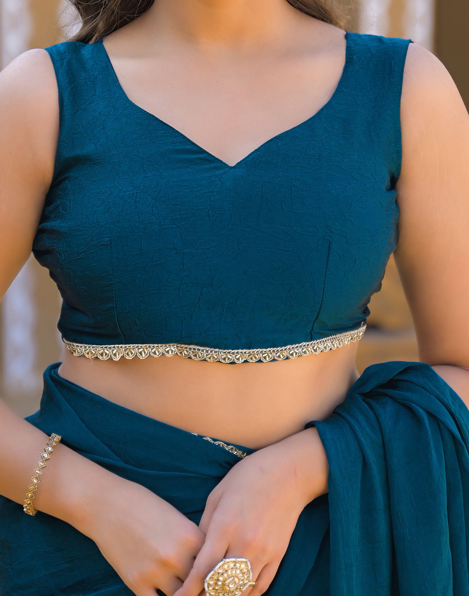 Teal Blue Crush Silk lace Saree