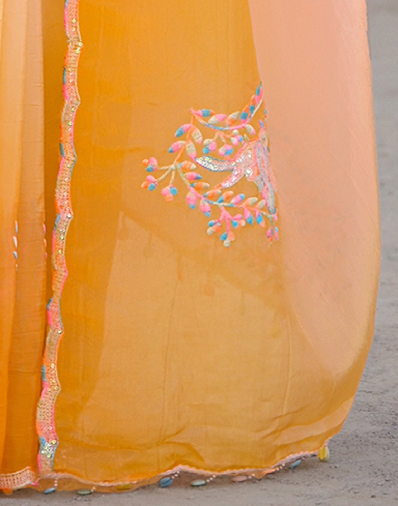 Orange Tissue Silk Sequence Embroidery Saree
