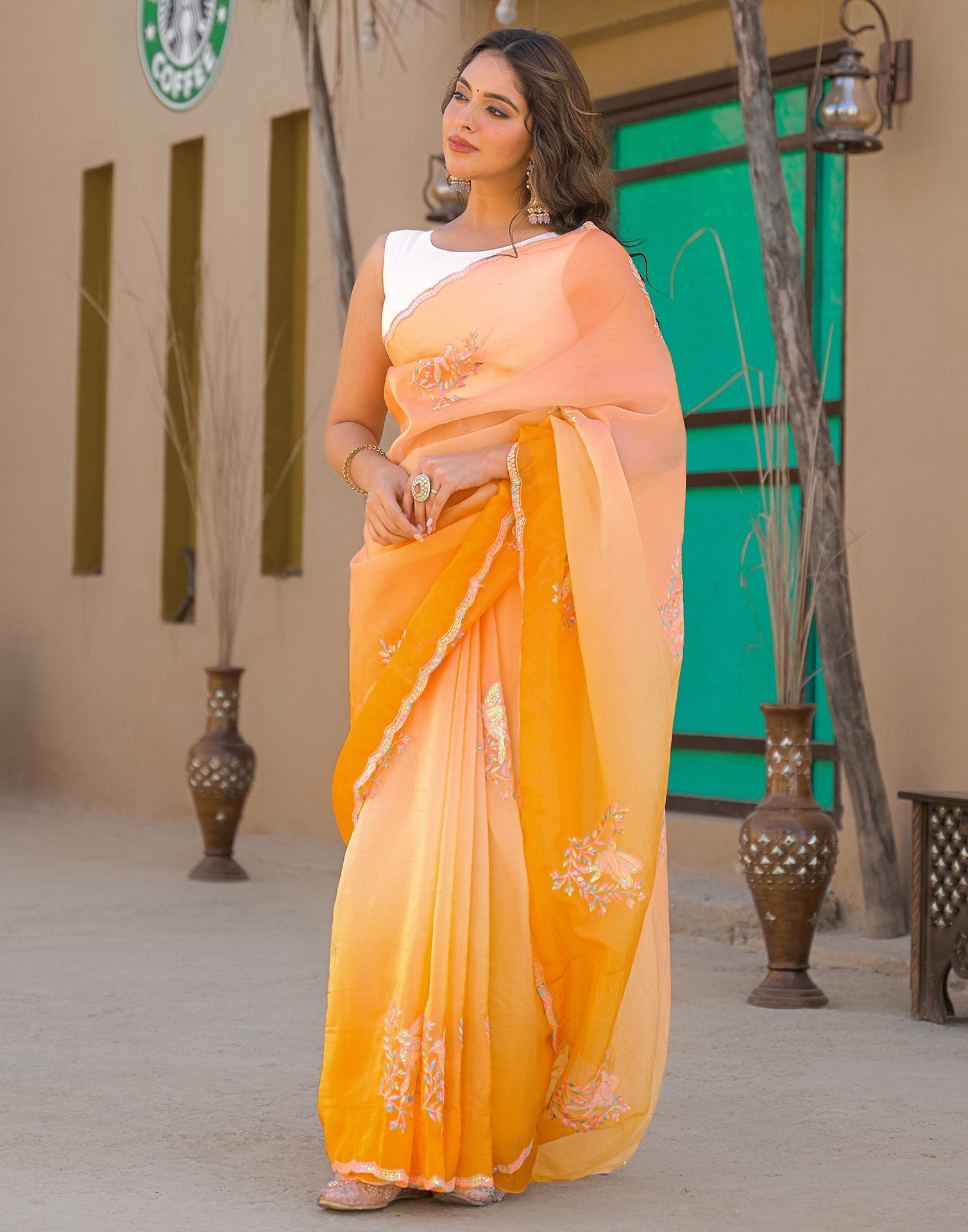 Orange Tissue Silk Sequence Embroidery Saree