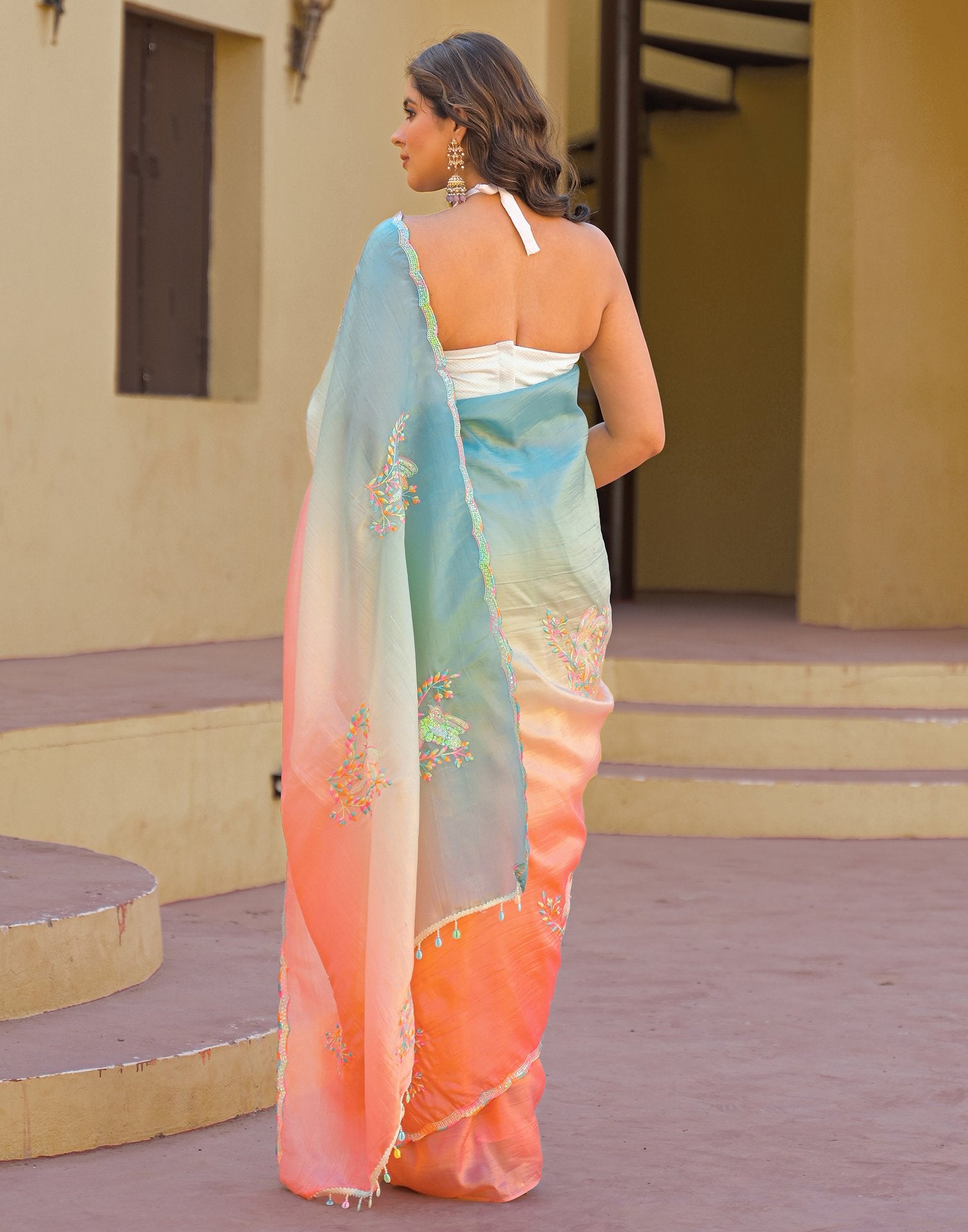 Light Blue Tissue Silk Sequence Embroidery Saree